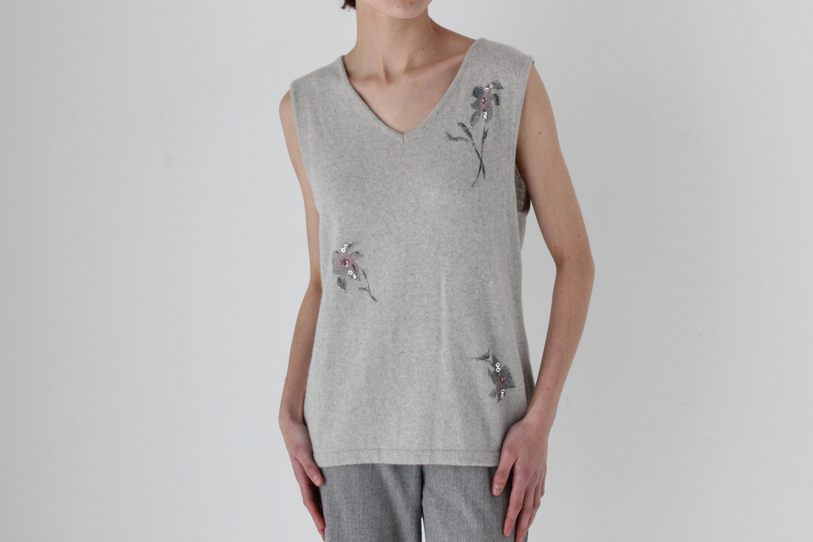 80s Italian Vintage Wool & Angora Sweater Vest w/ Hand Painted Flowers