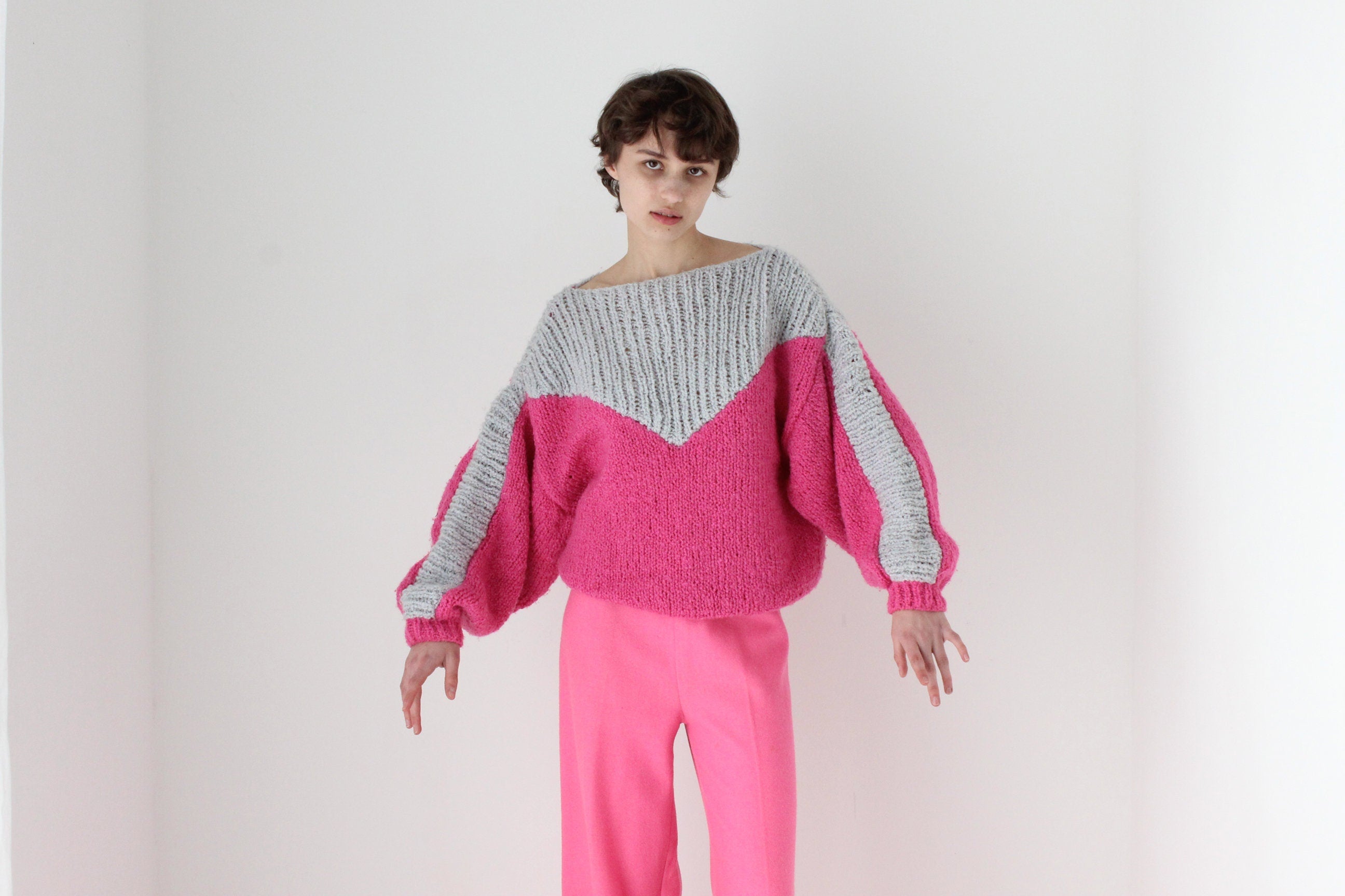 80s Hand Knit Bubblegum Bubble Sleeve Sweater