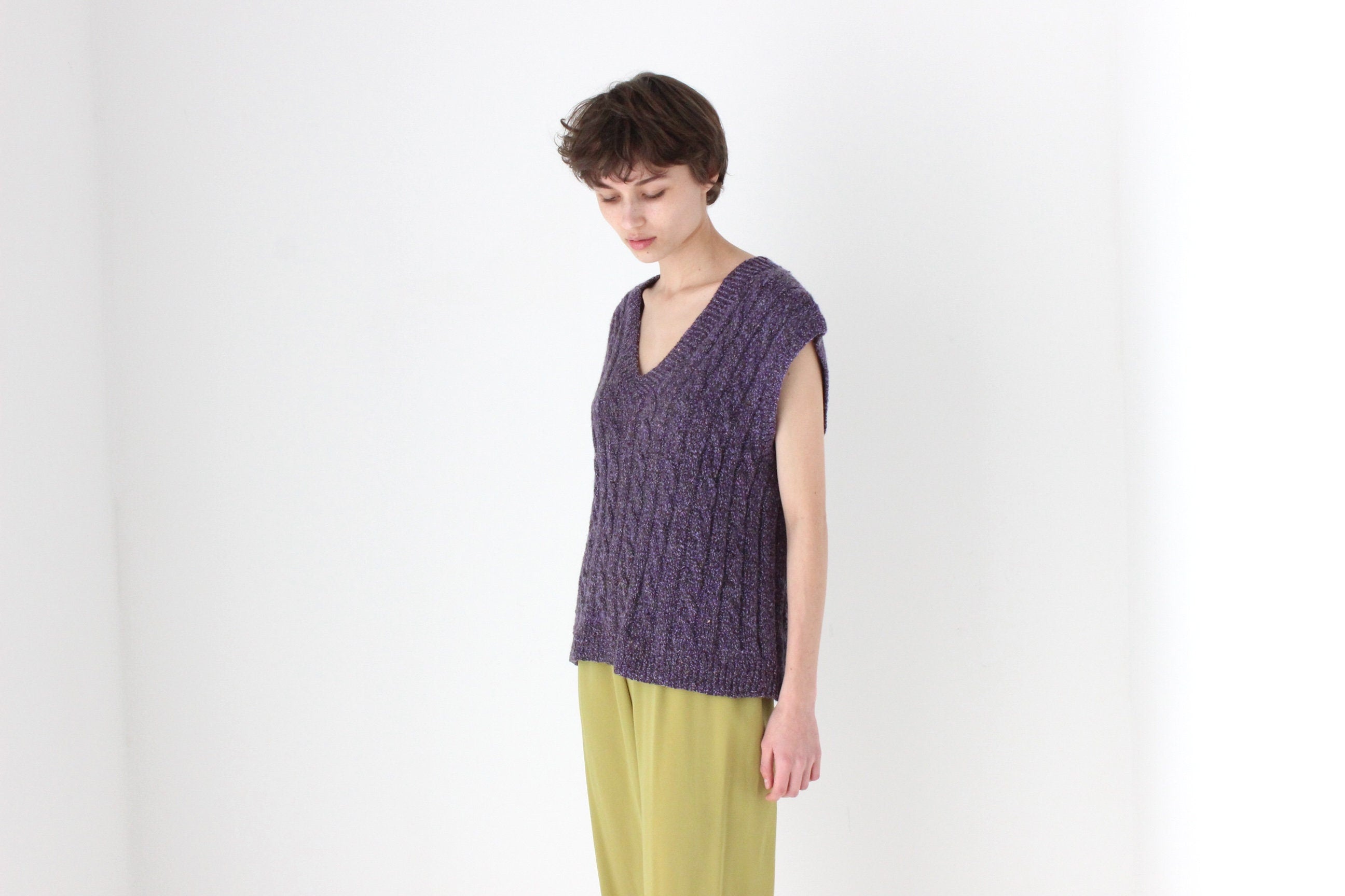 80s Hand Knit Speckled Purple Loose V Neck Sweater Vest