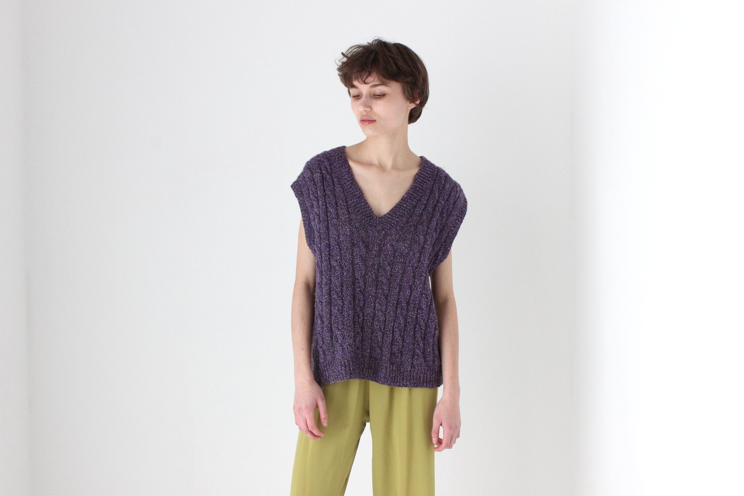 80s Hand Knit Speckled Purple Loose V Neck Sweater Vest