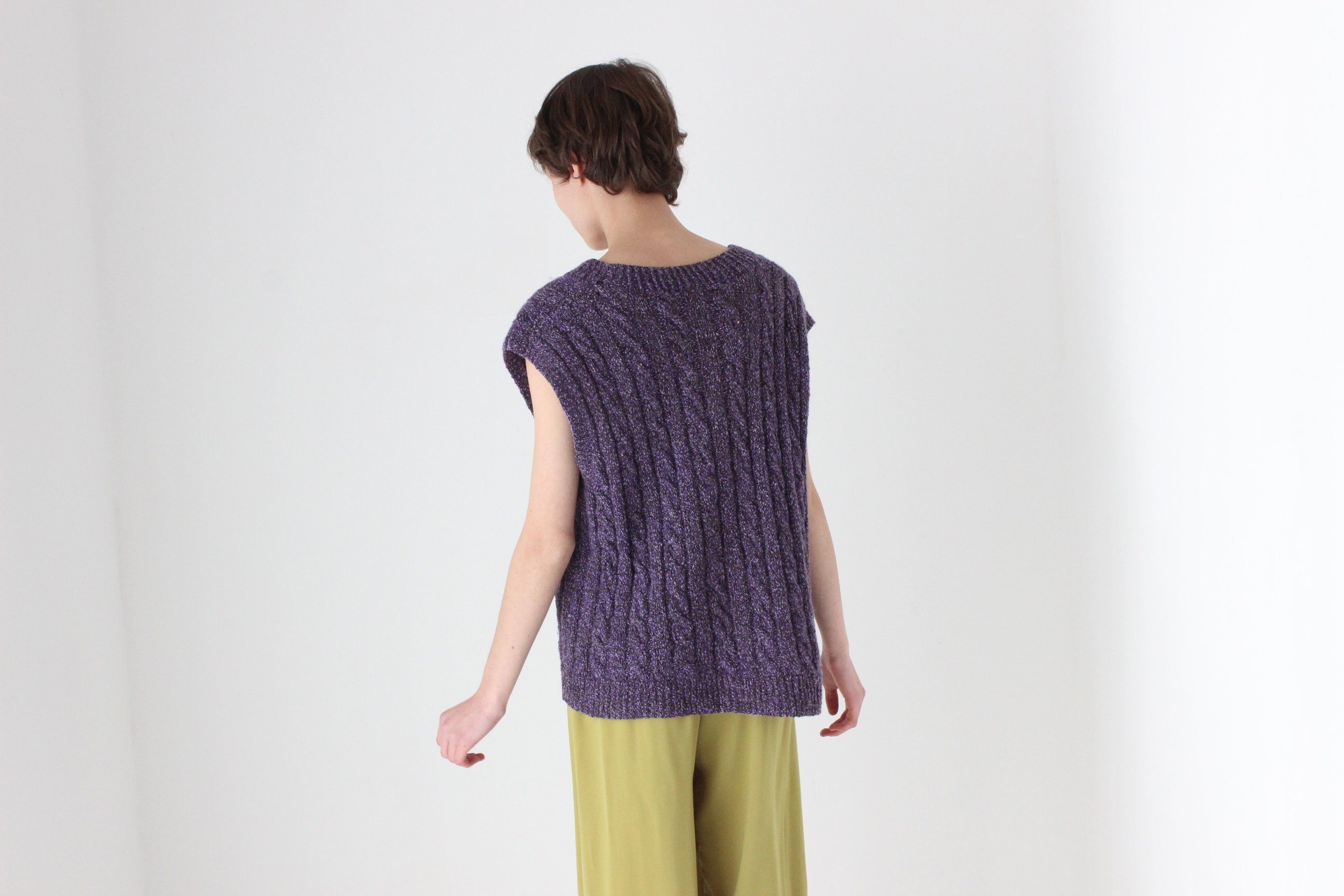 80s Hand Knit Speckled Purple Loose V Neck Sweater Vest