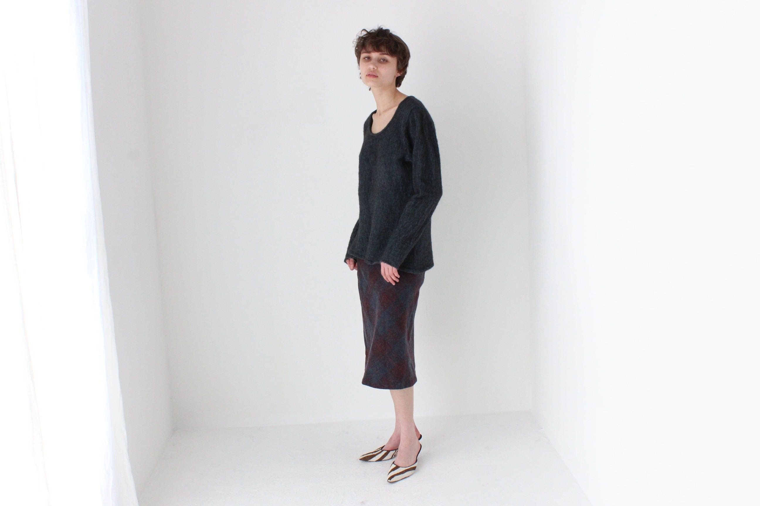 90s Subtle Tartan Wool & Mohair Knee Length Skirt