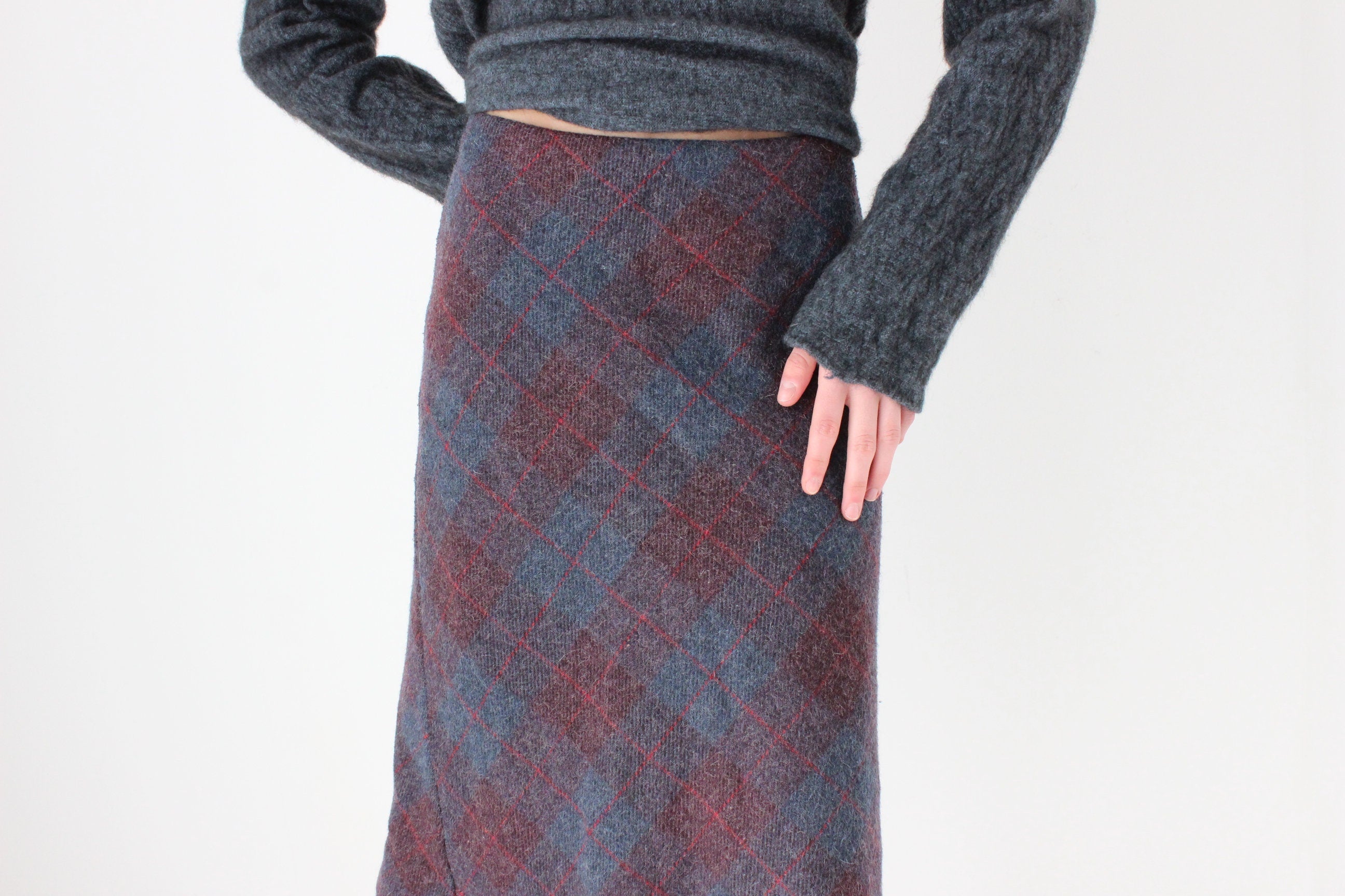 90s Subtle Tartan Wool & Mohair Knee Length Skirt