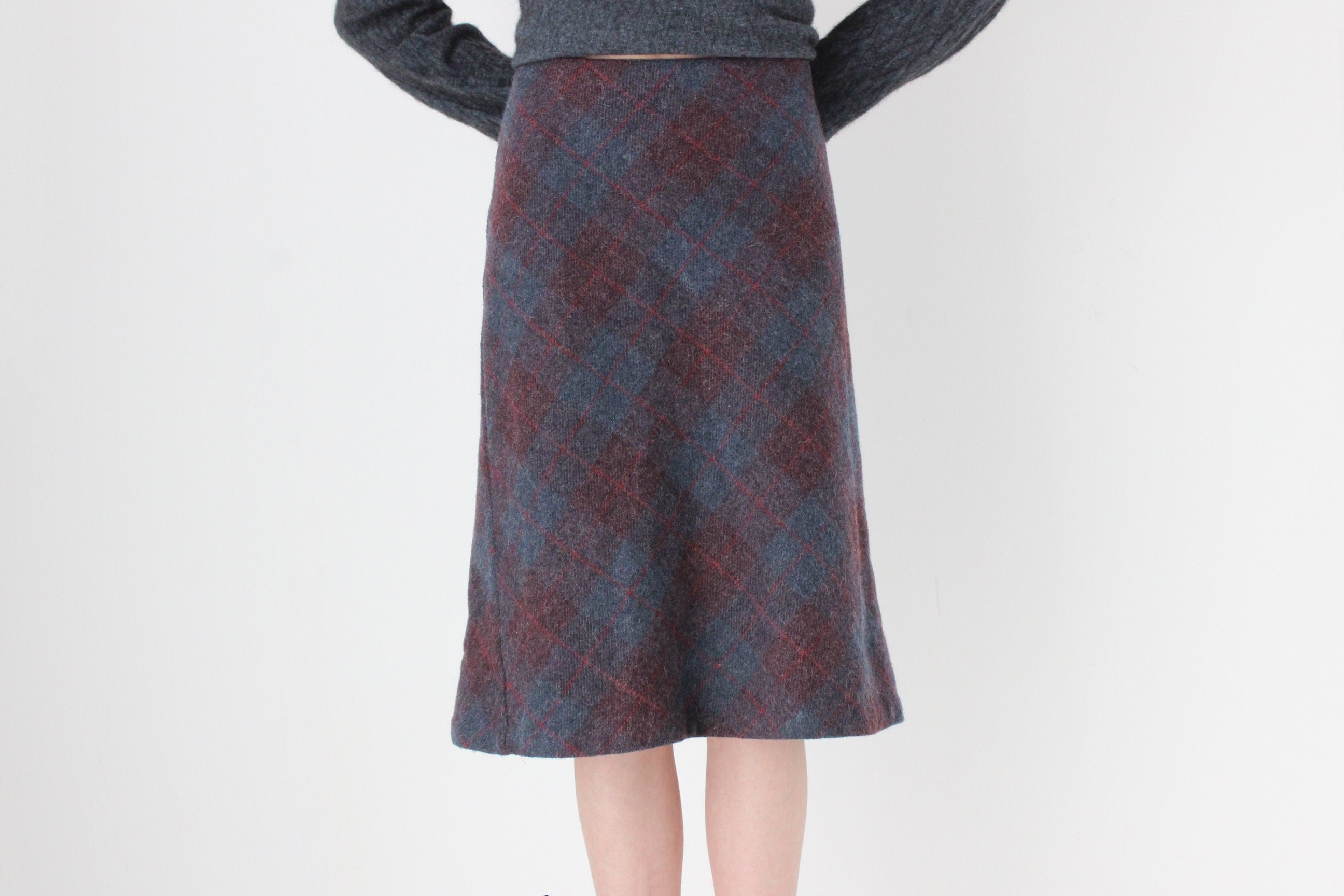 90s Subtle Tartan Wool & Mohair Knee Length Skirt