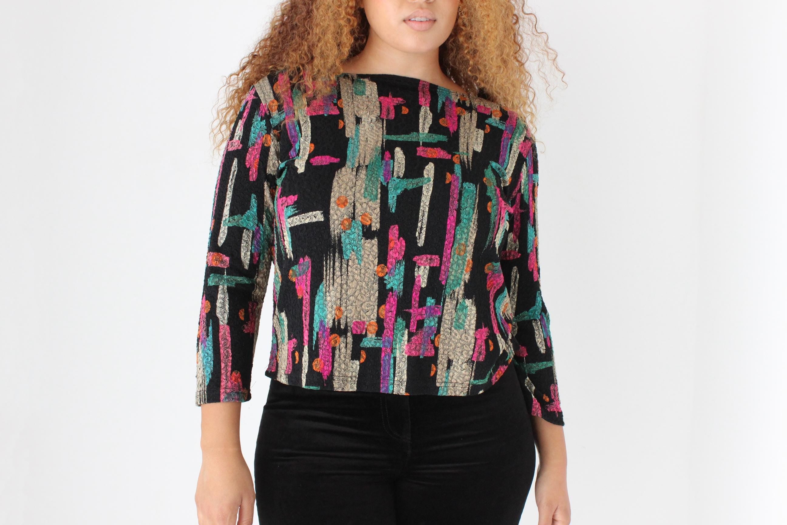 90s Painterly Abstract Mesh Stretch Top