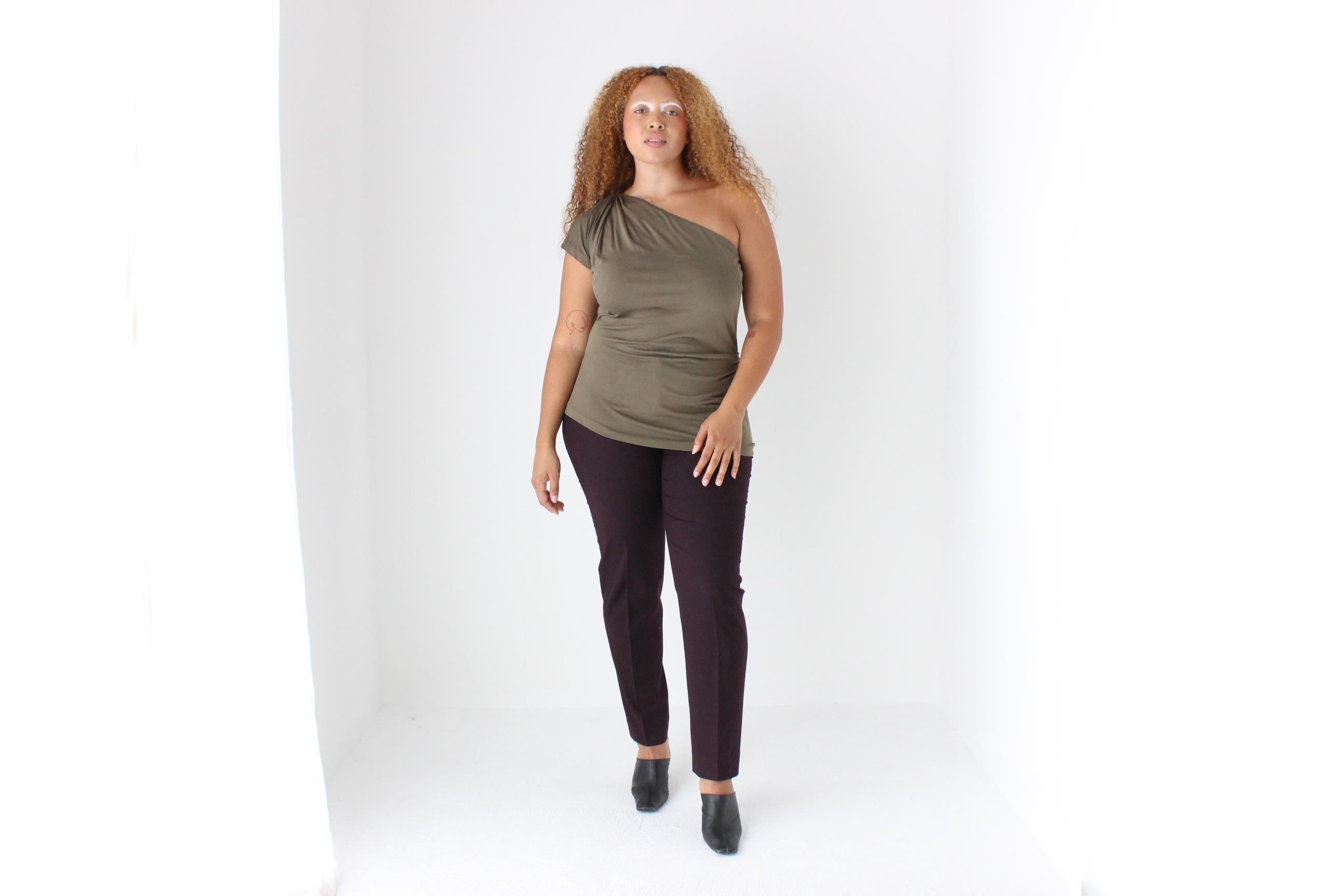 2000s Diane Von Furstenberg Olive Silk Jersey One Shoulder Top