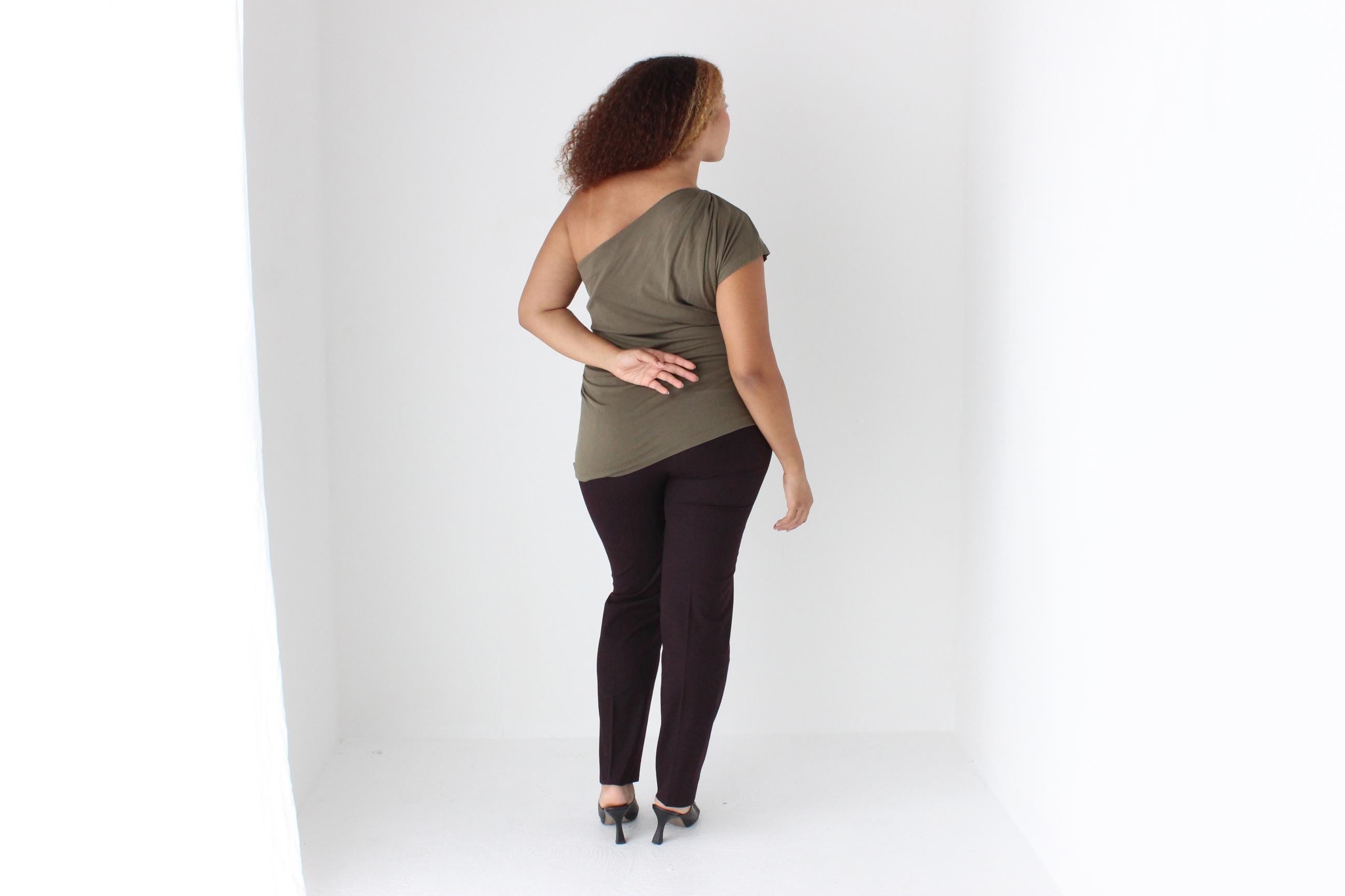 2000s Diane Von Furstenberg Olive Silk Jersey One Shoulder Top