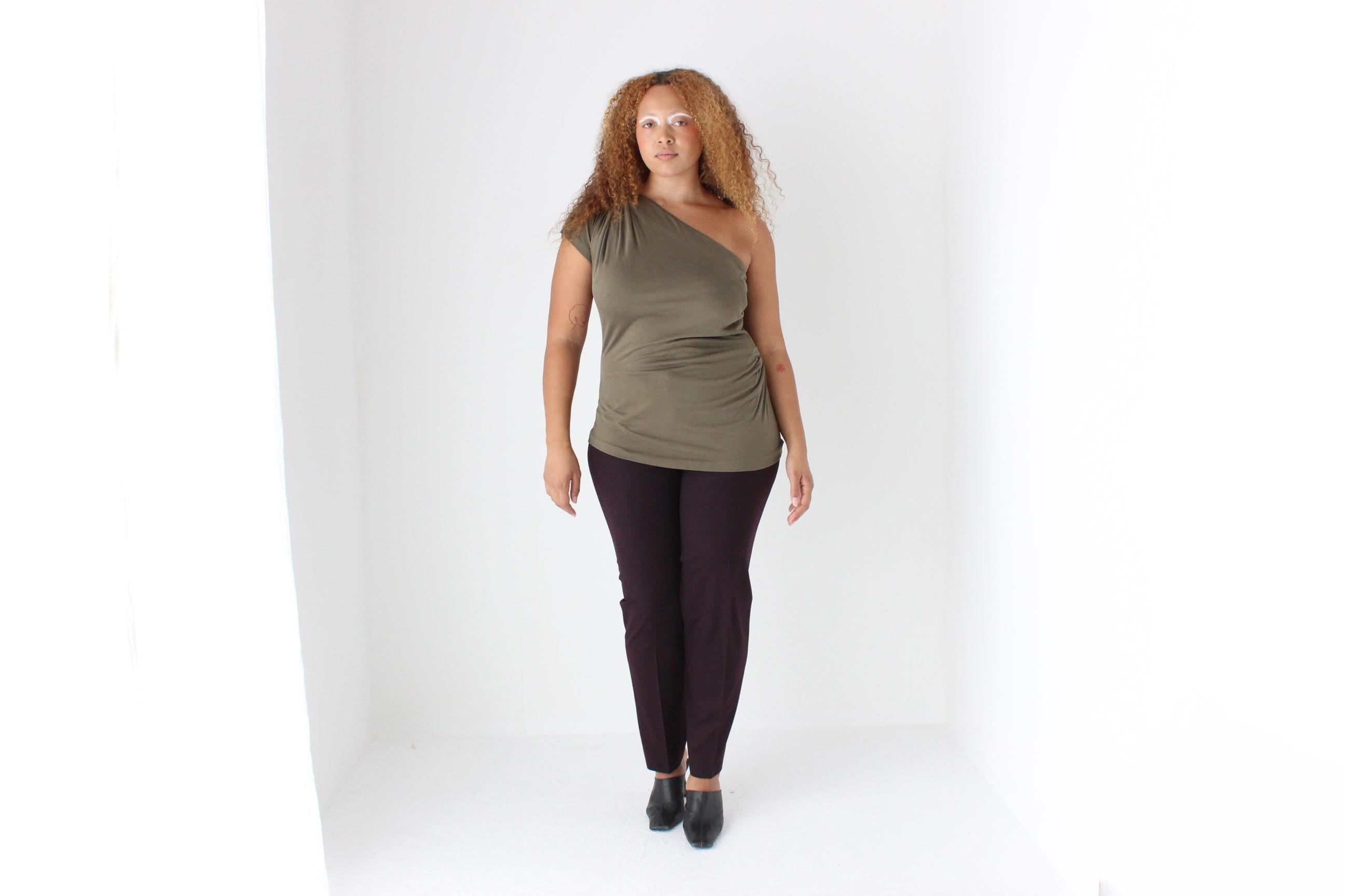 2000s Diane Von Furstenberg Olive Silk Jersey One Shoulder Top