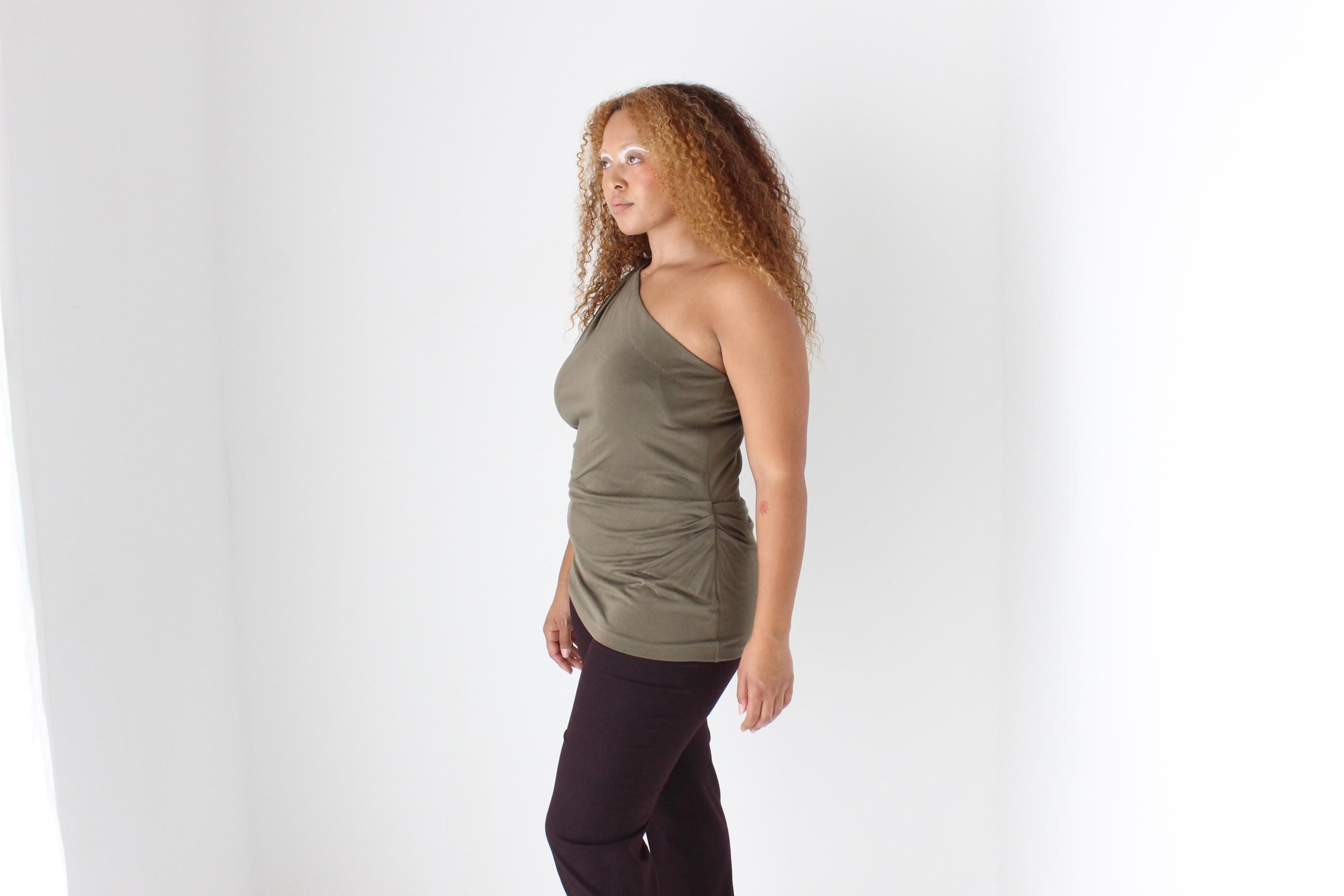 2000s Diane Von Furstenberg Olive Silk Jersey One Shoulder Top