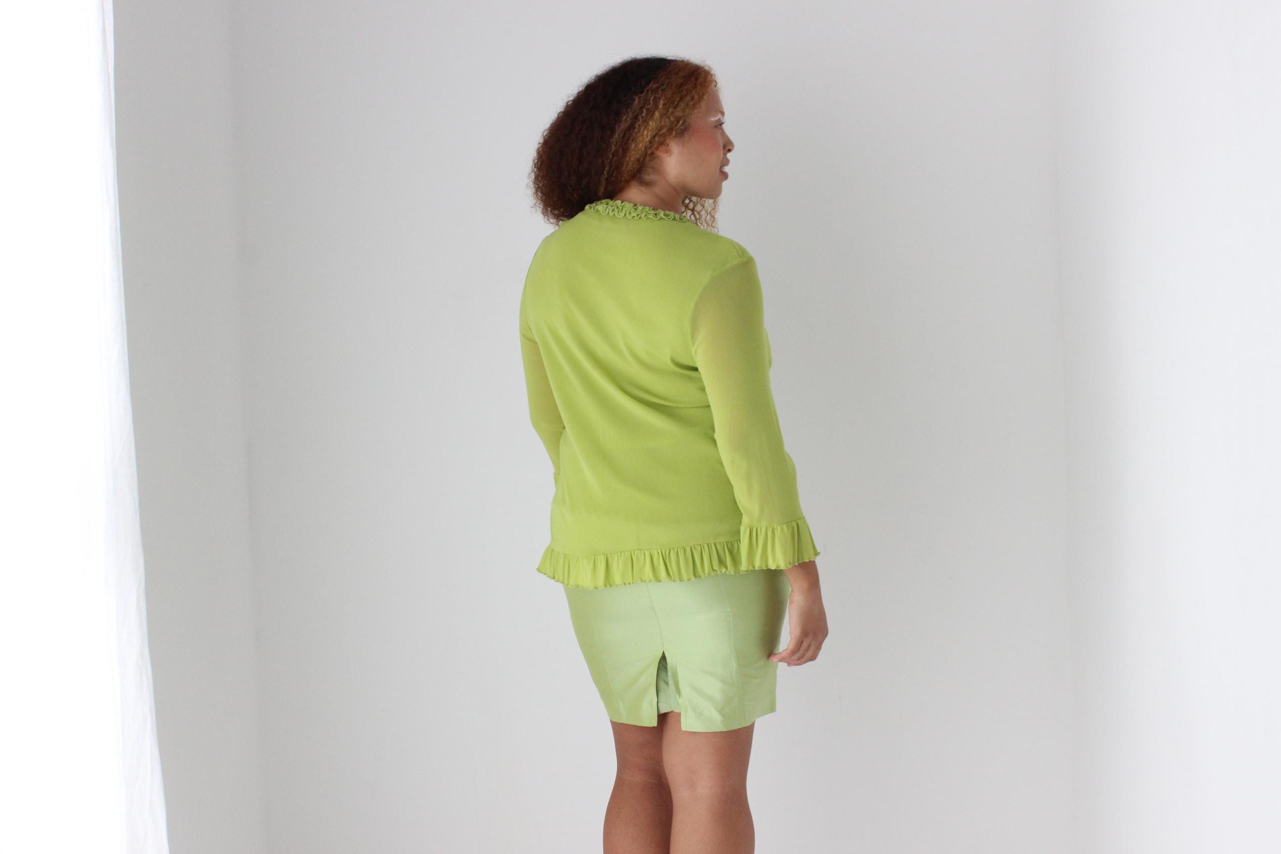 Y2K Lime Green Layered Mesh Long Sleeve Top