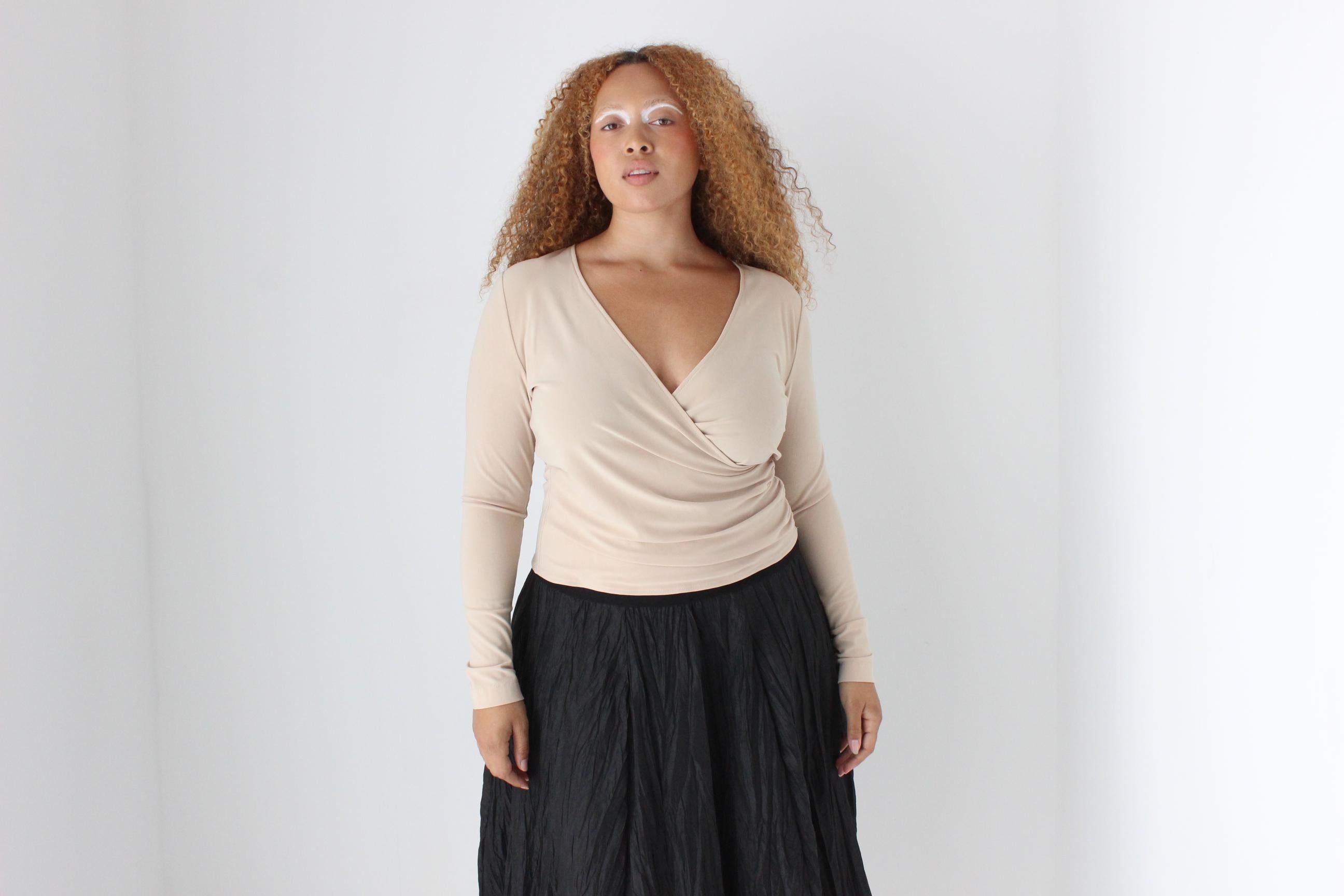 Y2K Stretch Neutral Sexy V Neck Plunge 'Wrap' Top