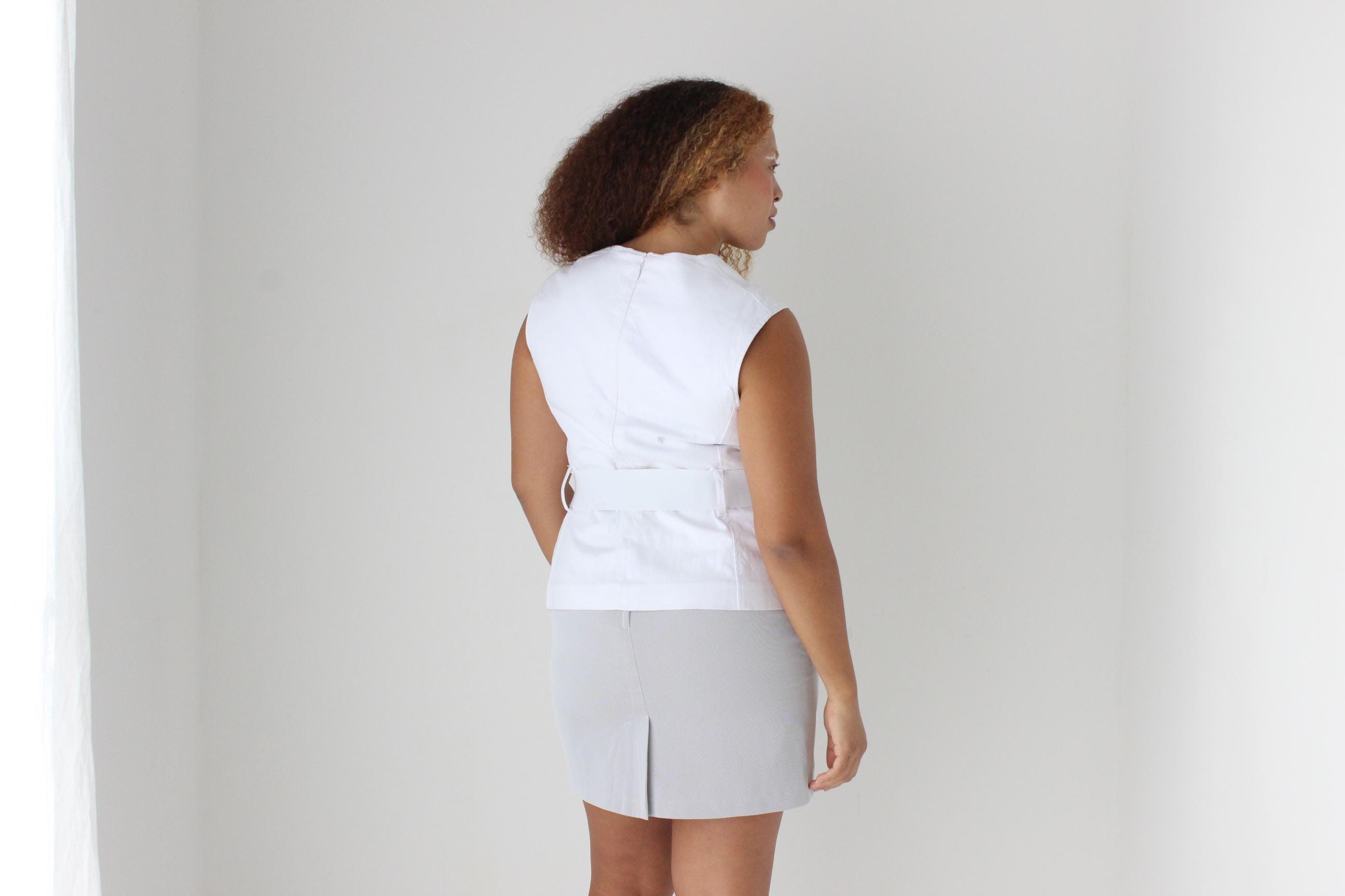Y2K Funky Square Neck Belted White Denim Bustier Top