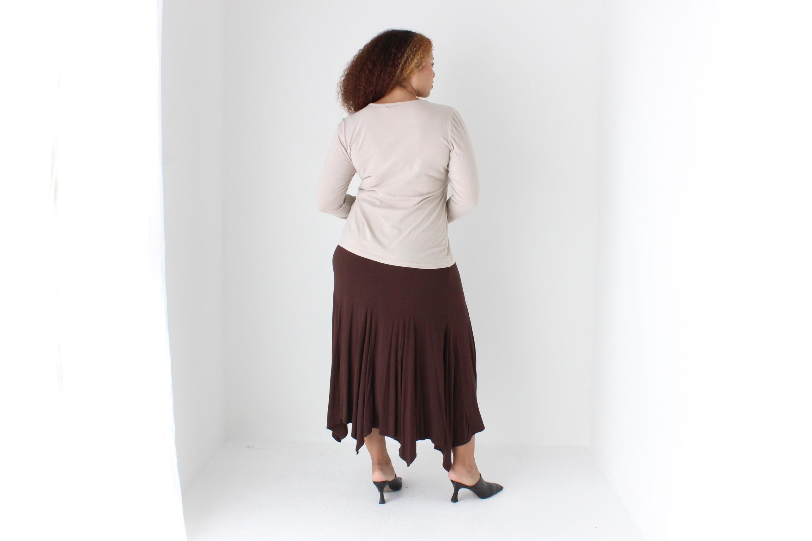 Y2K Slinky Chocolate Viscose Pointed Hem Midi Skirt