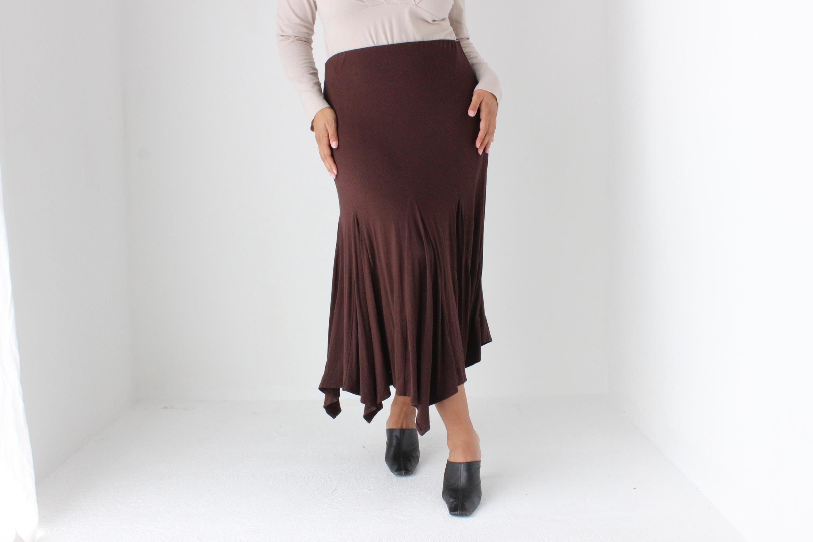 Y2K Slinky Chocolate Viscose Pointed Hem Midi Skirt