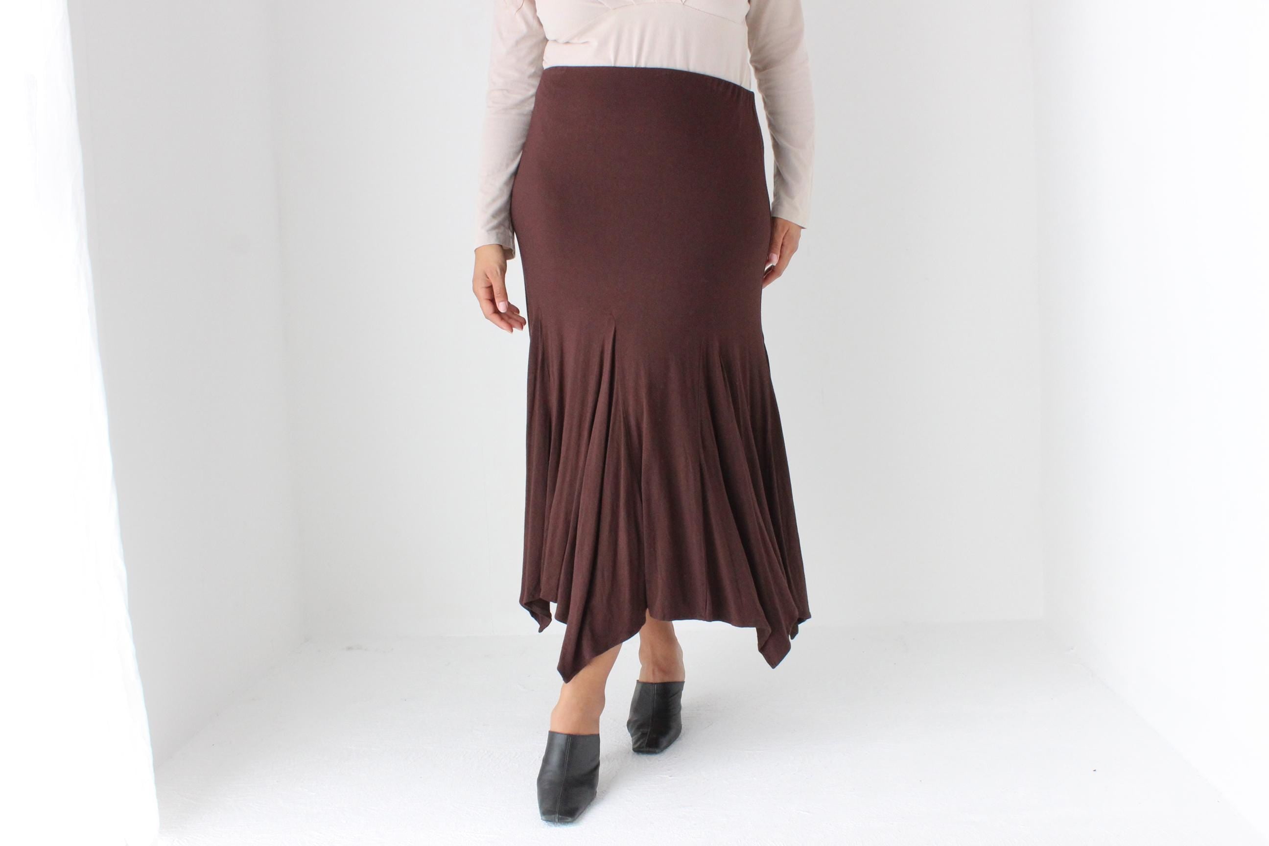 Y2K Slinky Chocolate Viscose Pointed Hem Midi Skirt