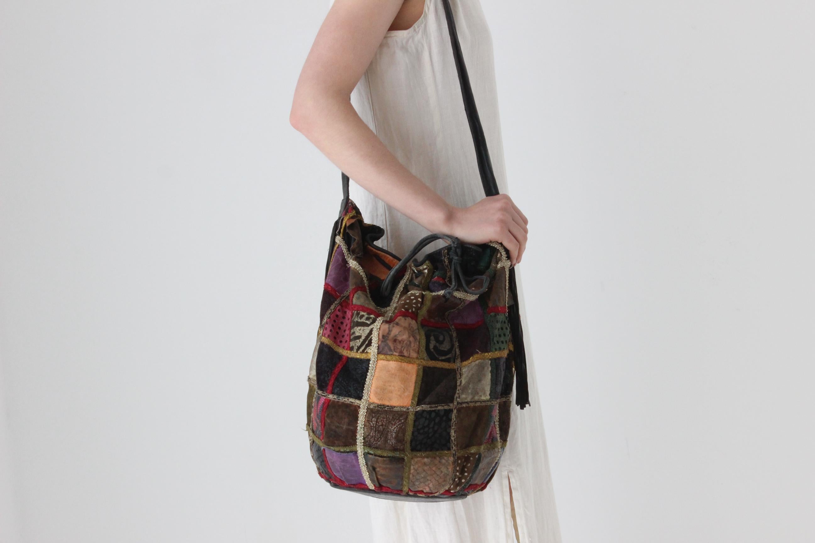 80s Leather Patchwork Drawstring Bag by Braccialini