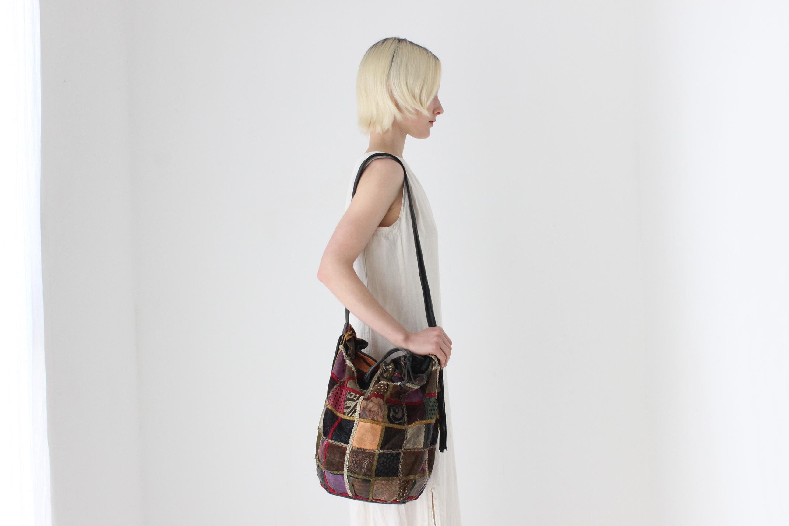 80s Leather Patchwork Drawstring Bag by Braccialini
