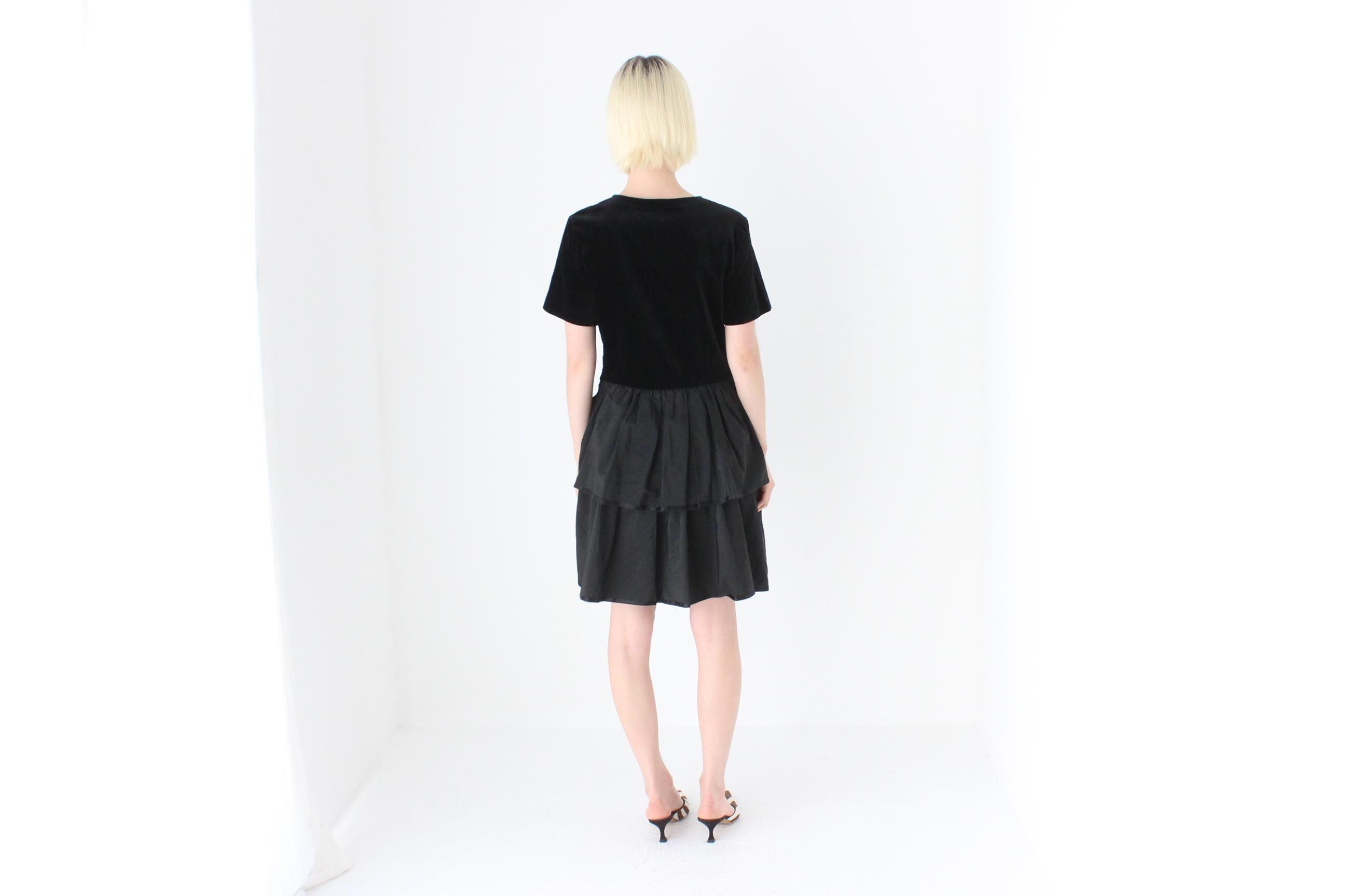 80s Italian Vintage Velvet & Taffeta Ruffle Dress