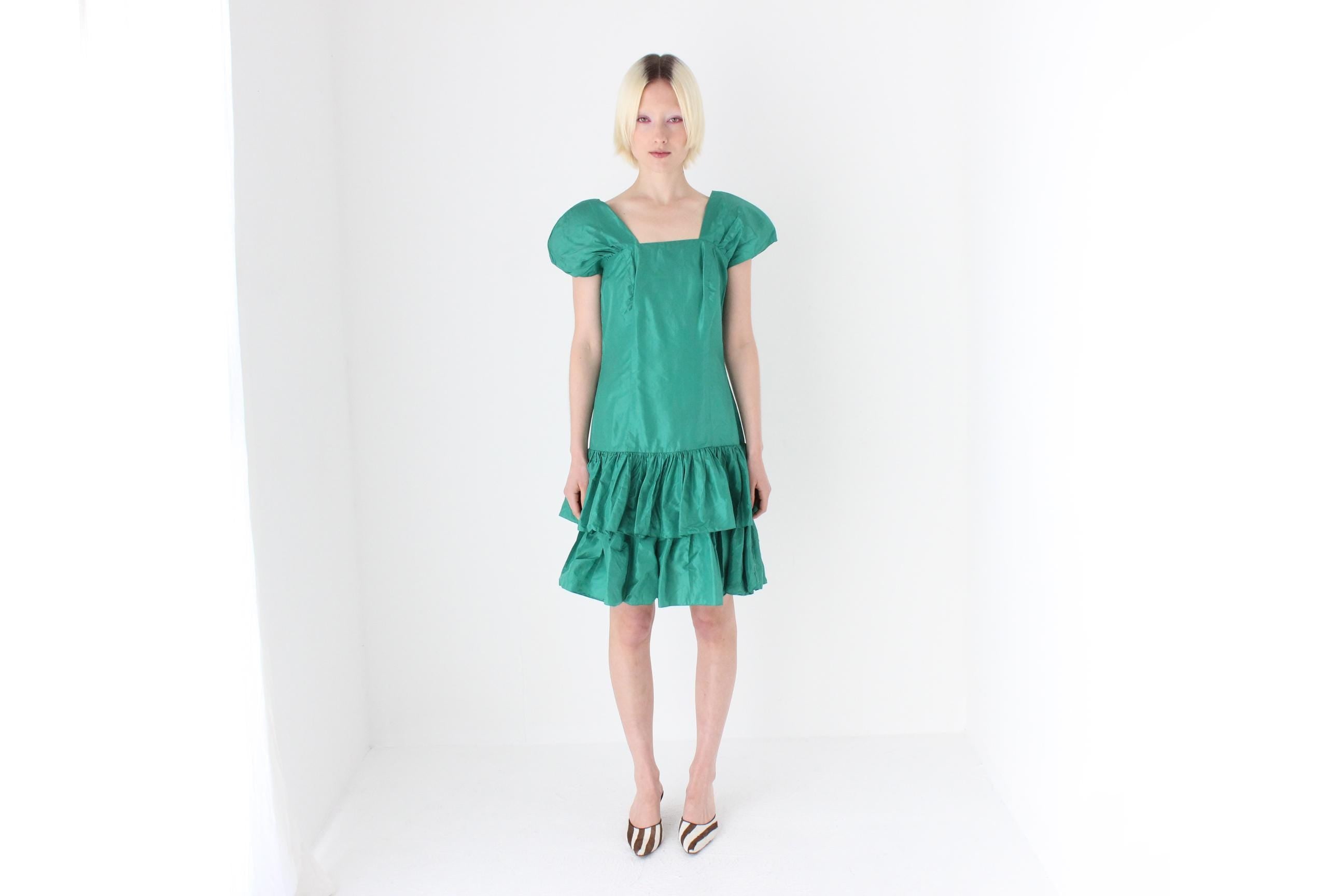 80s Puff & Ruffle Taffeta Drop Waist Cocktail Dress