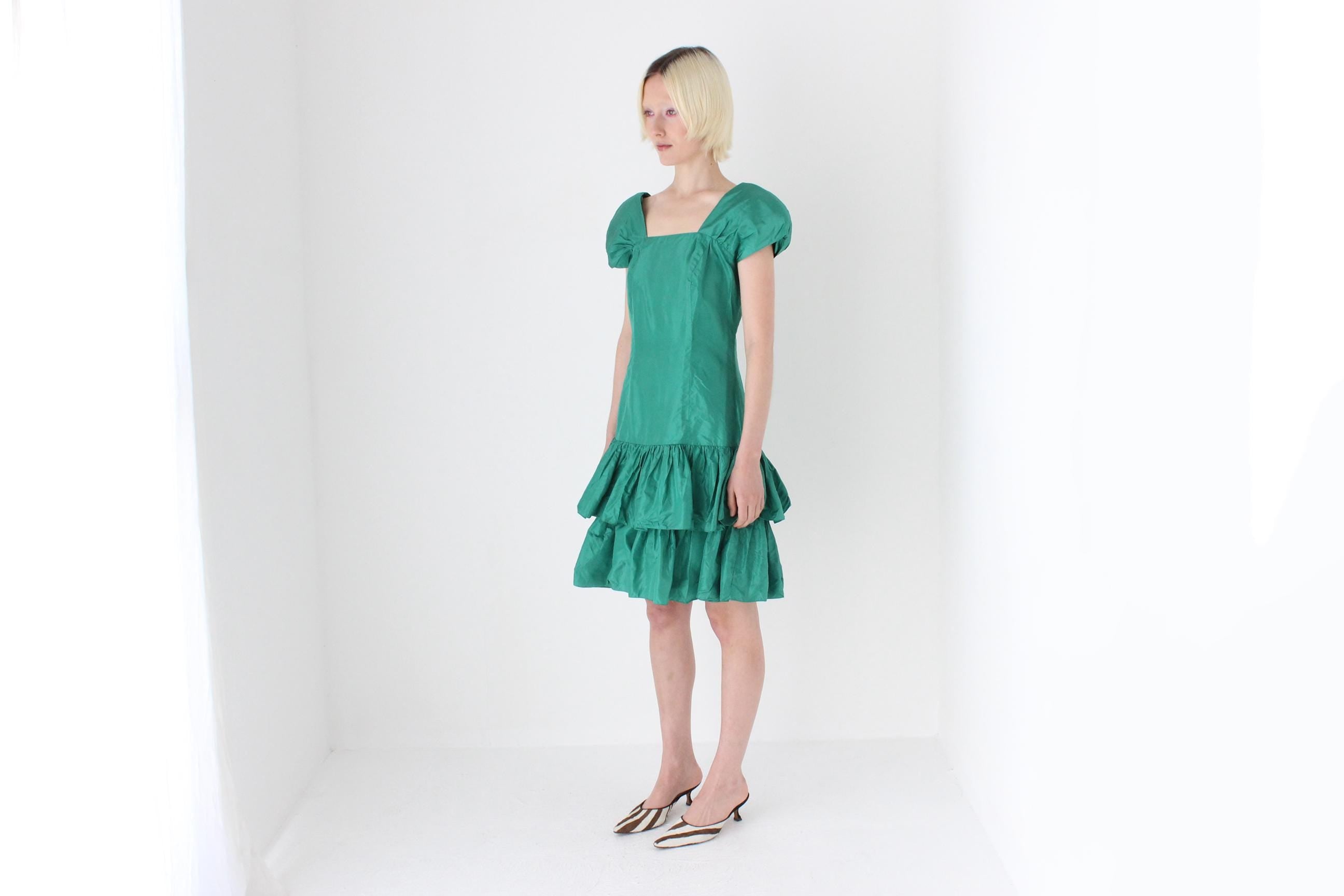 80s Puff & Ruffle Taffeta Drop Waist Cocktail Dress