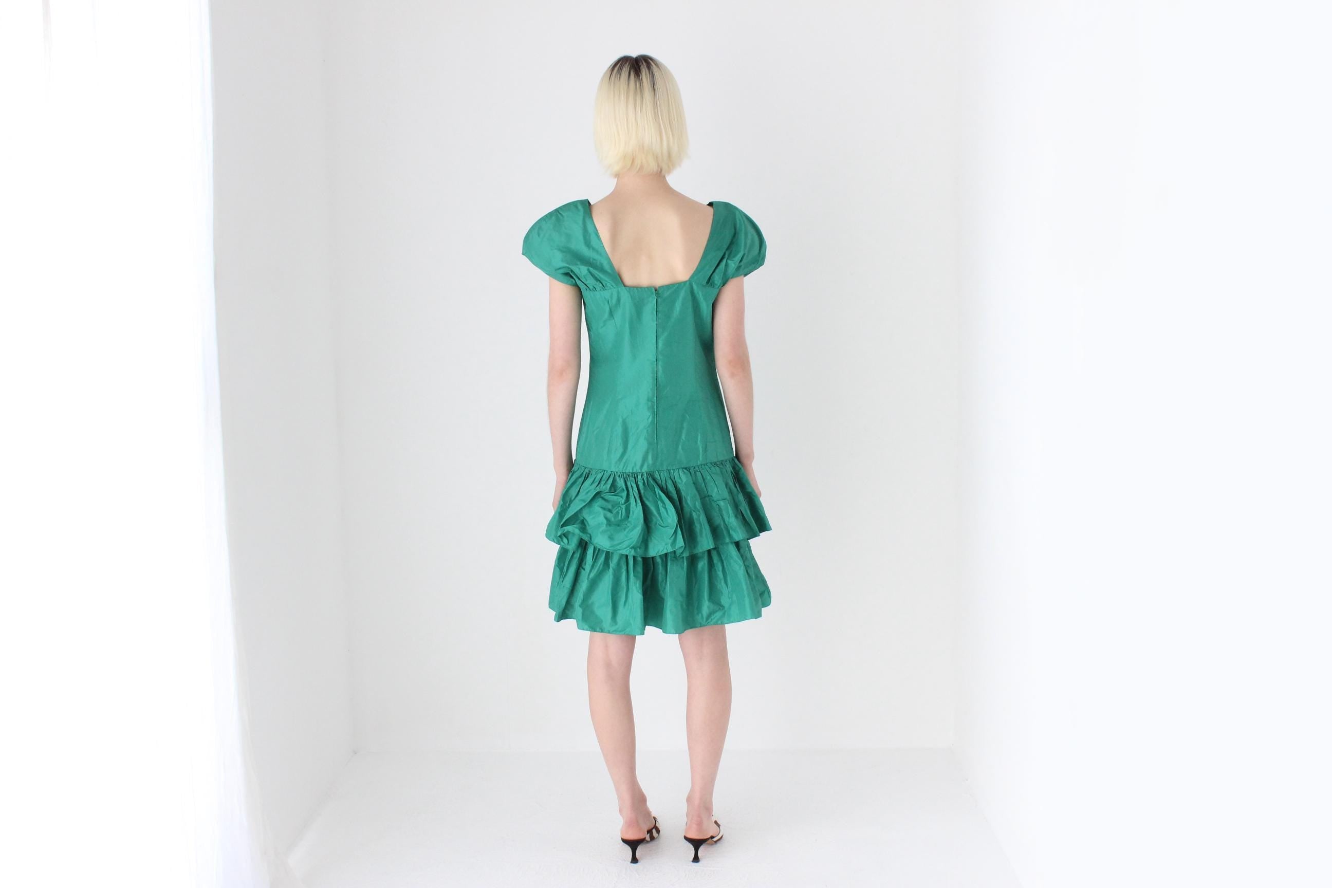 80s Puff & Ruffle Taffeta Drop Waist Cocktail Dress