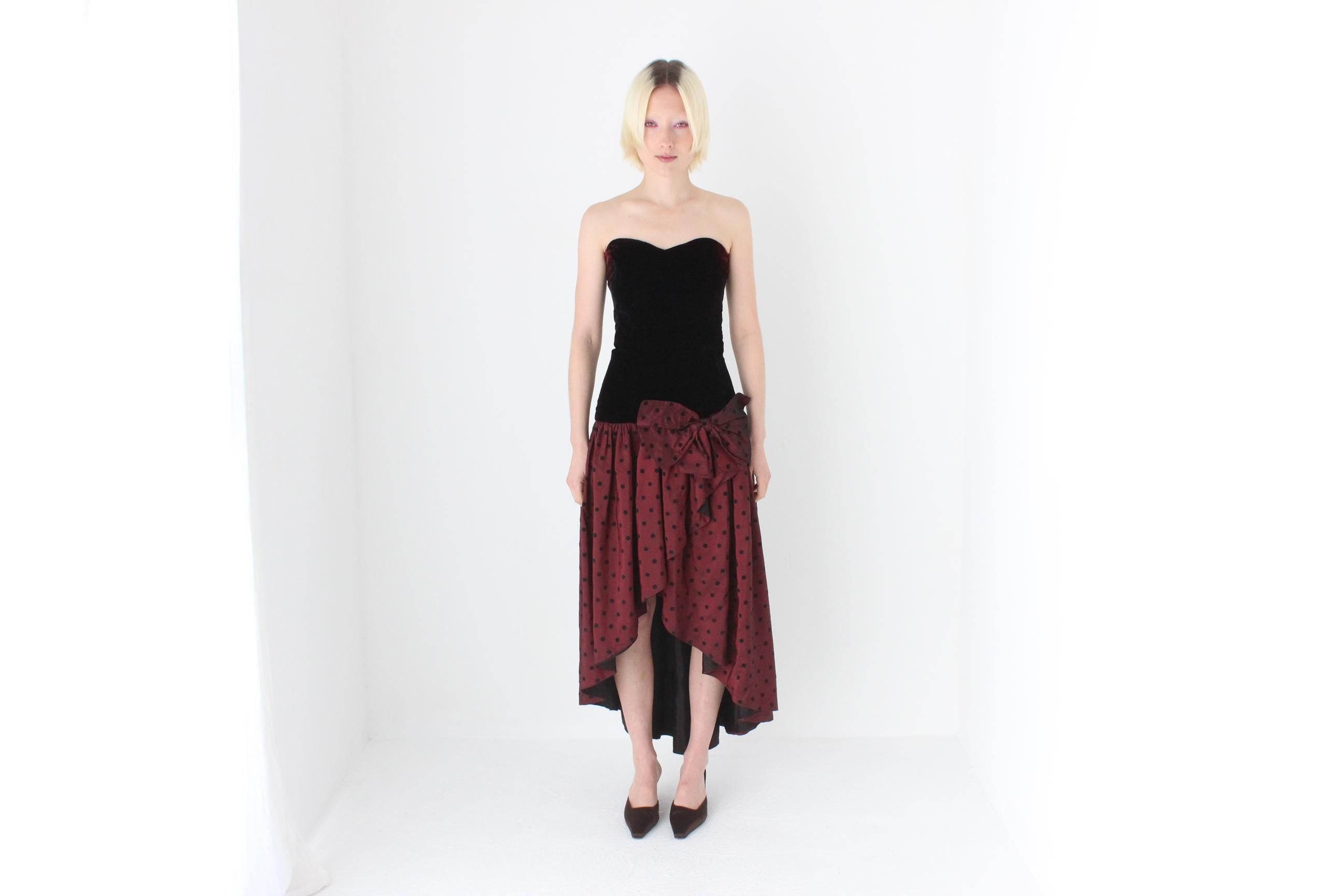 80s Strapless Velvet Bustier & Polkadot Taffeta Party Dress