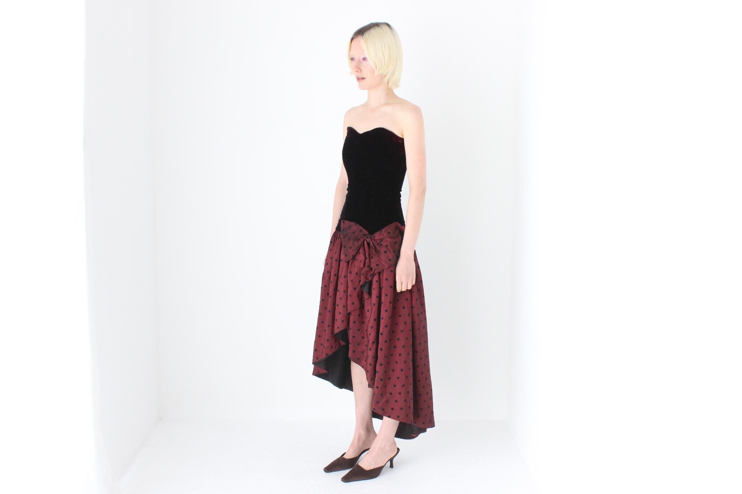 80s Strapless Velvet Bustier & Polkadot Taffeta Party Dress