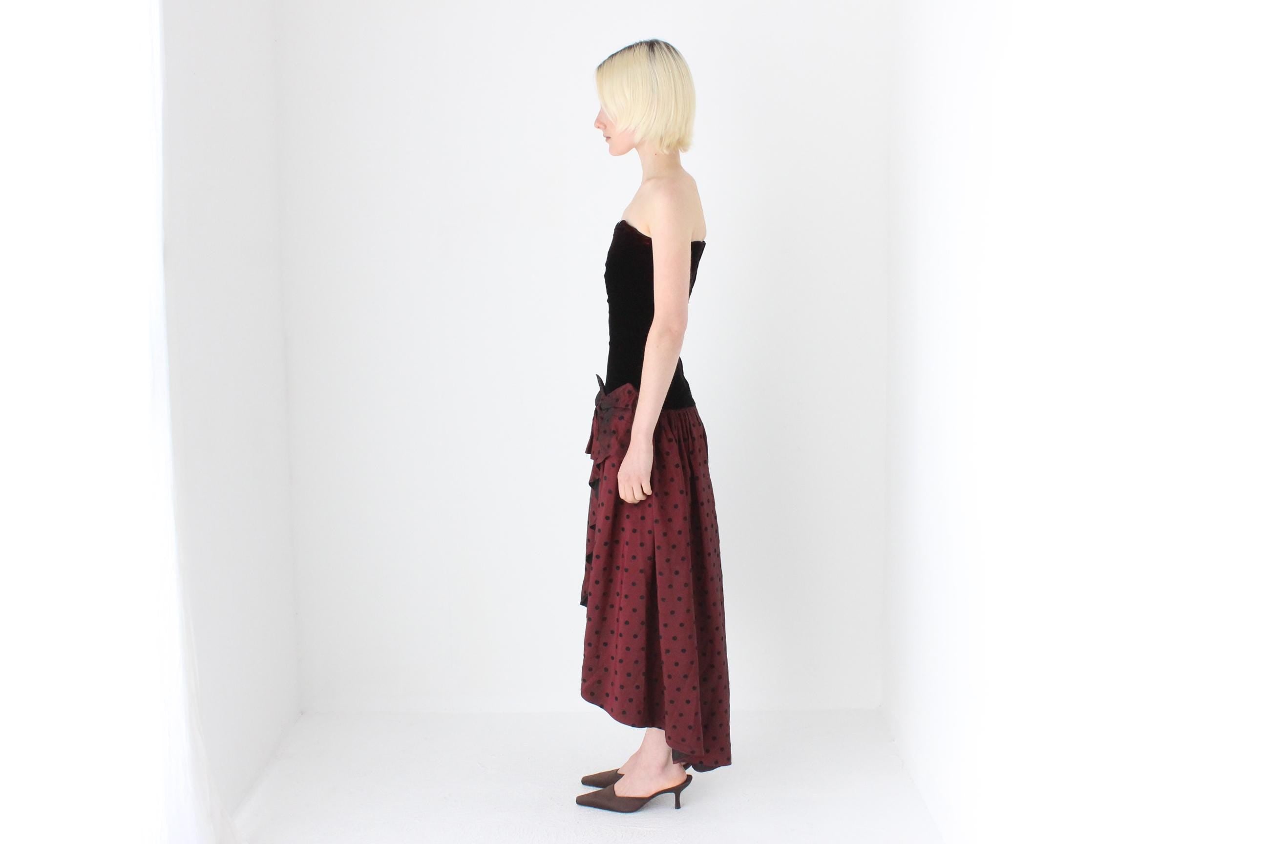 80s Strapless Velvet Bustier & Polkadot Taffeta Party Dress