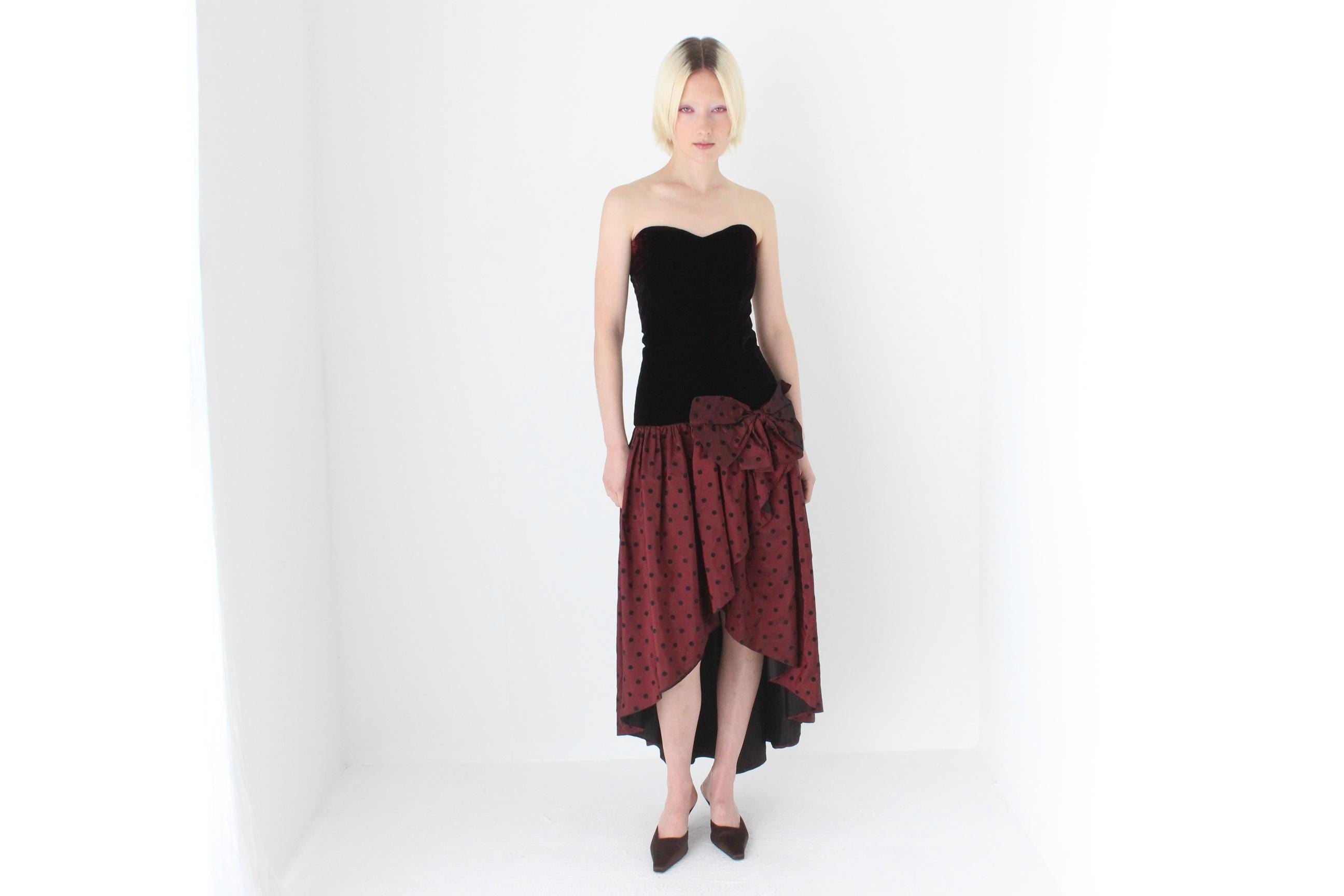 80s Strapless Velvet Bustier & Polkadot Taffeta Party Dress