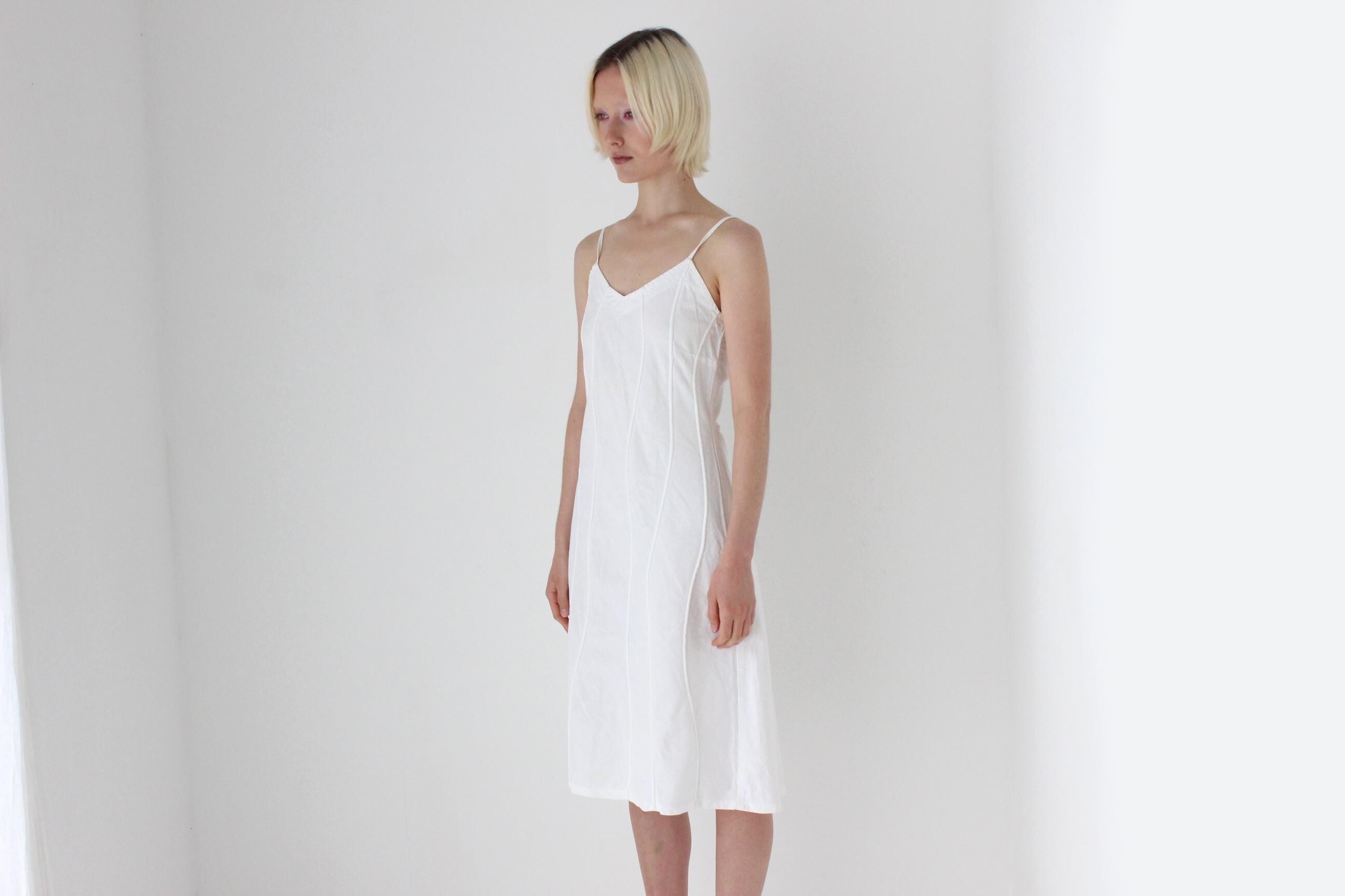 Textural 90s Linen Cotton Spaghetti Strap Slip Dress