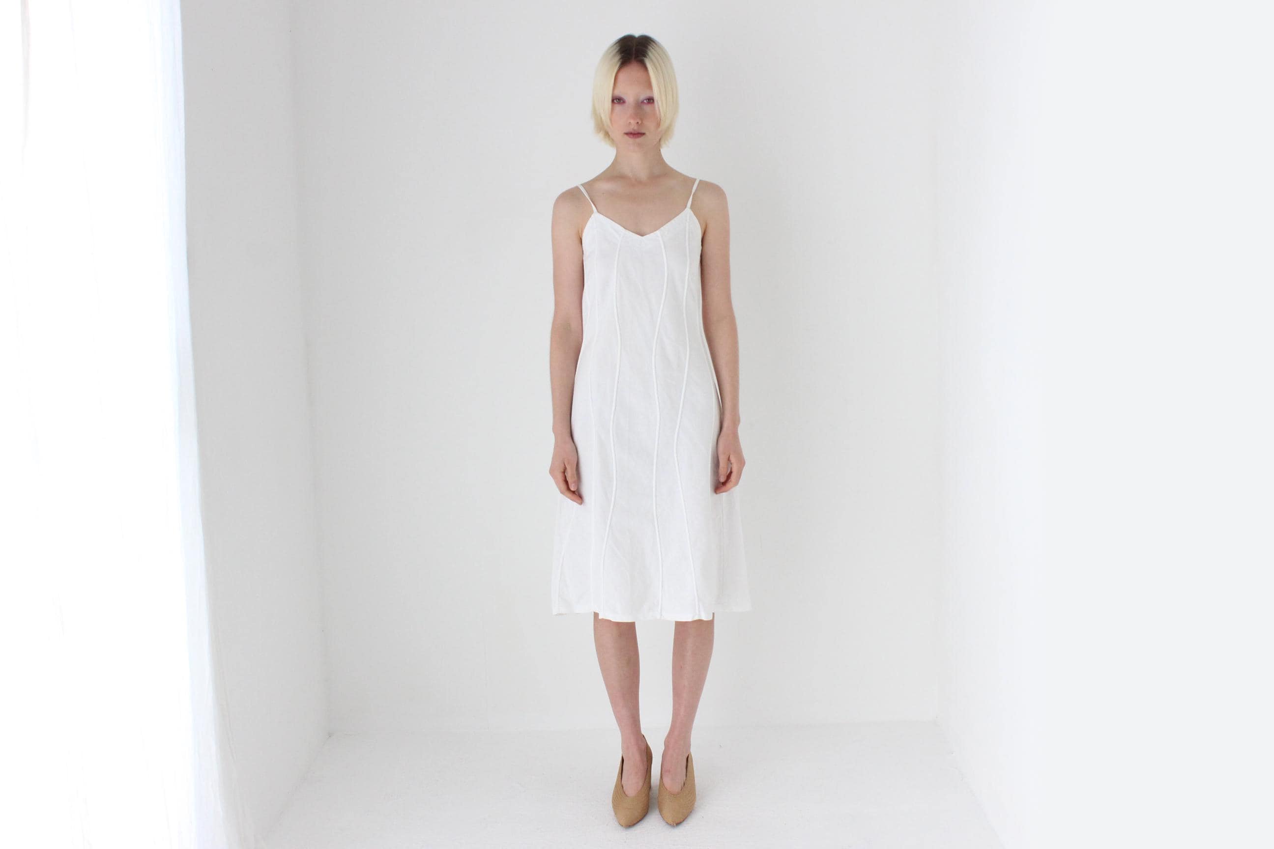 Textural 90s Linen Cotton Spaghetti Strap Slip Dress