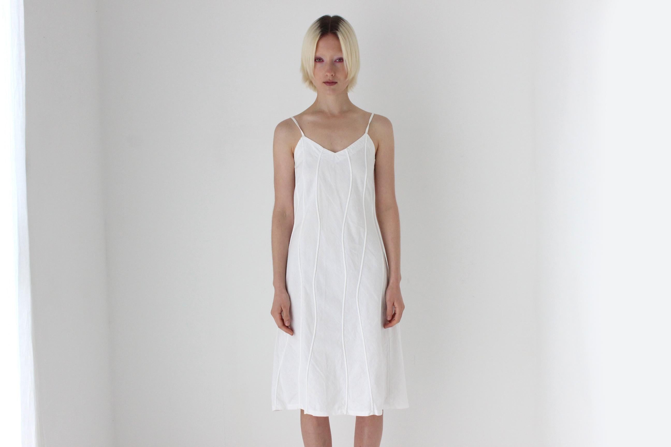 Textural 90s Linen Cotton Spaghetti Strap Slip Dress