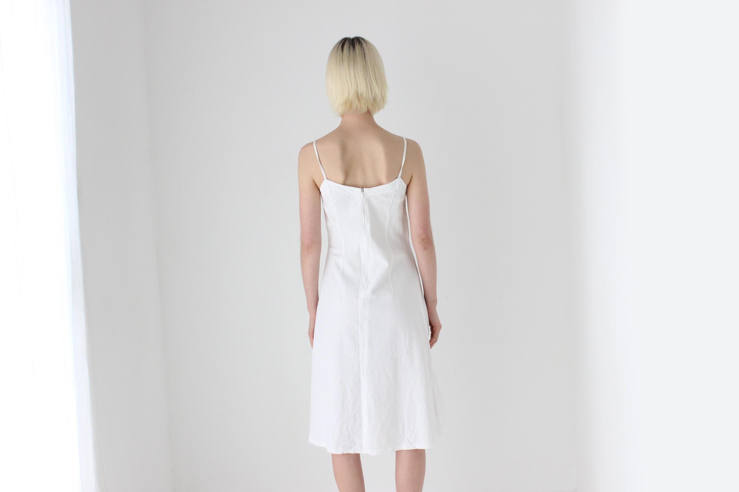 Textural 90s Linen Cotton Spaghetti Strap Slip Dress