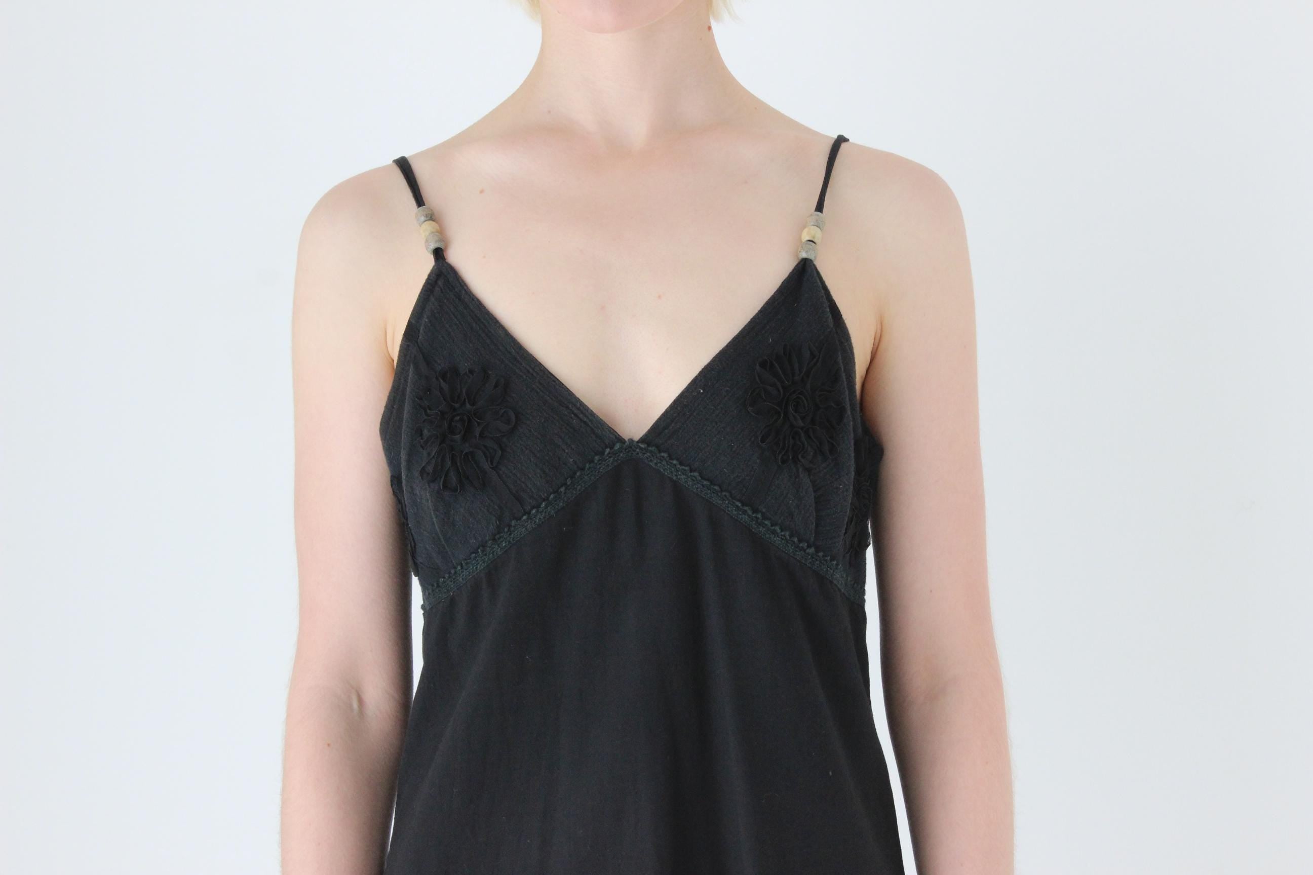 90s Linen Slip Dress w/ Embroidered Flower Bust