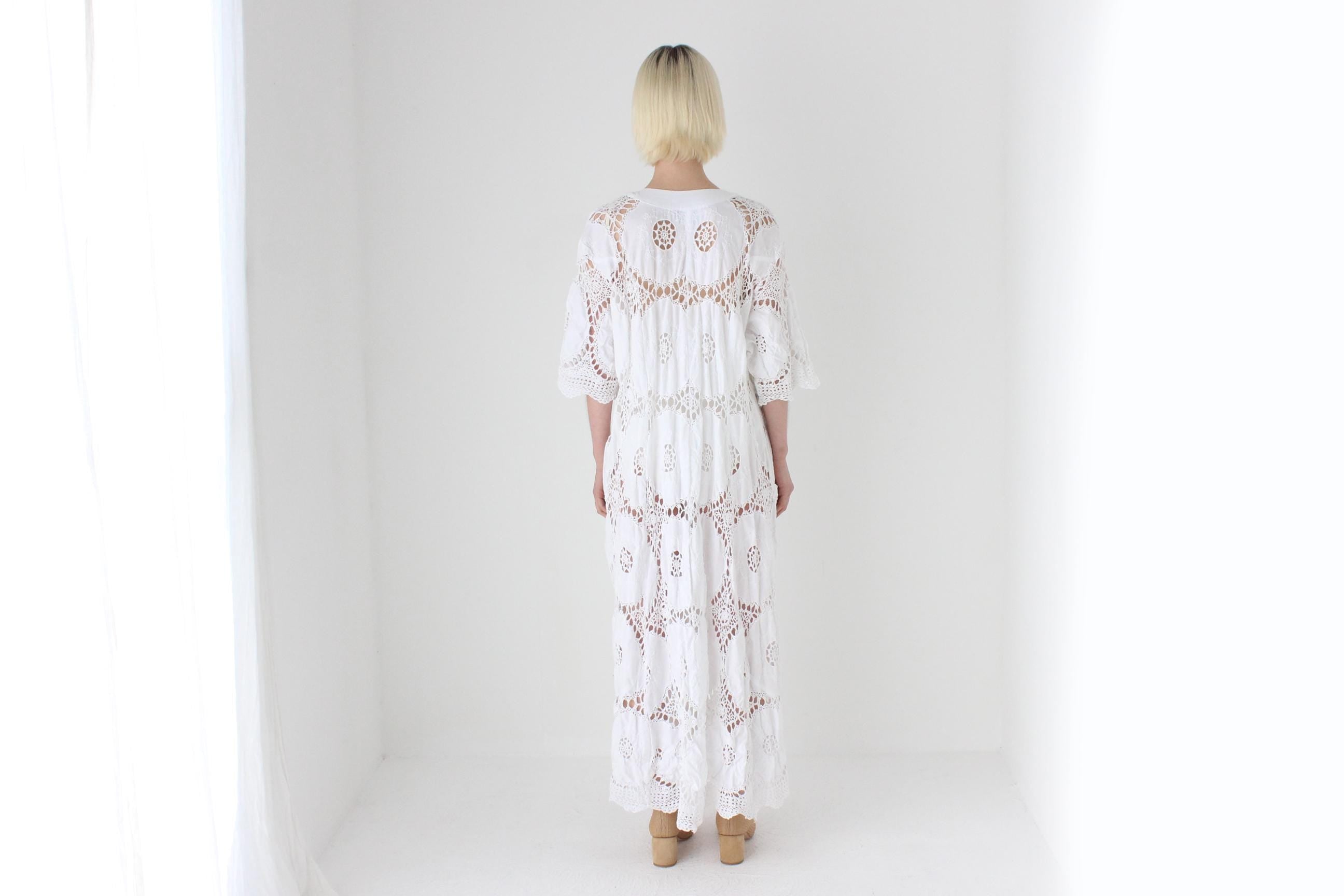 80s Crochet Doily Cotton Cutwork Lace Maxi Dress