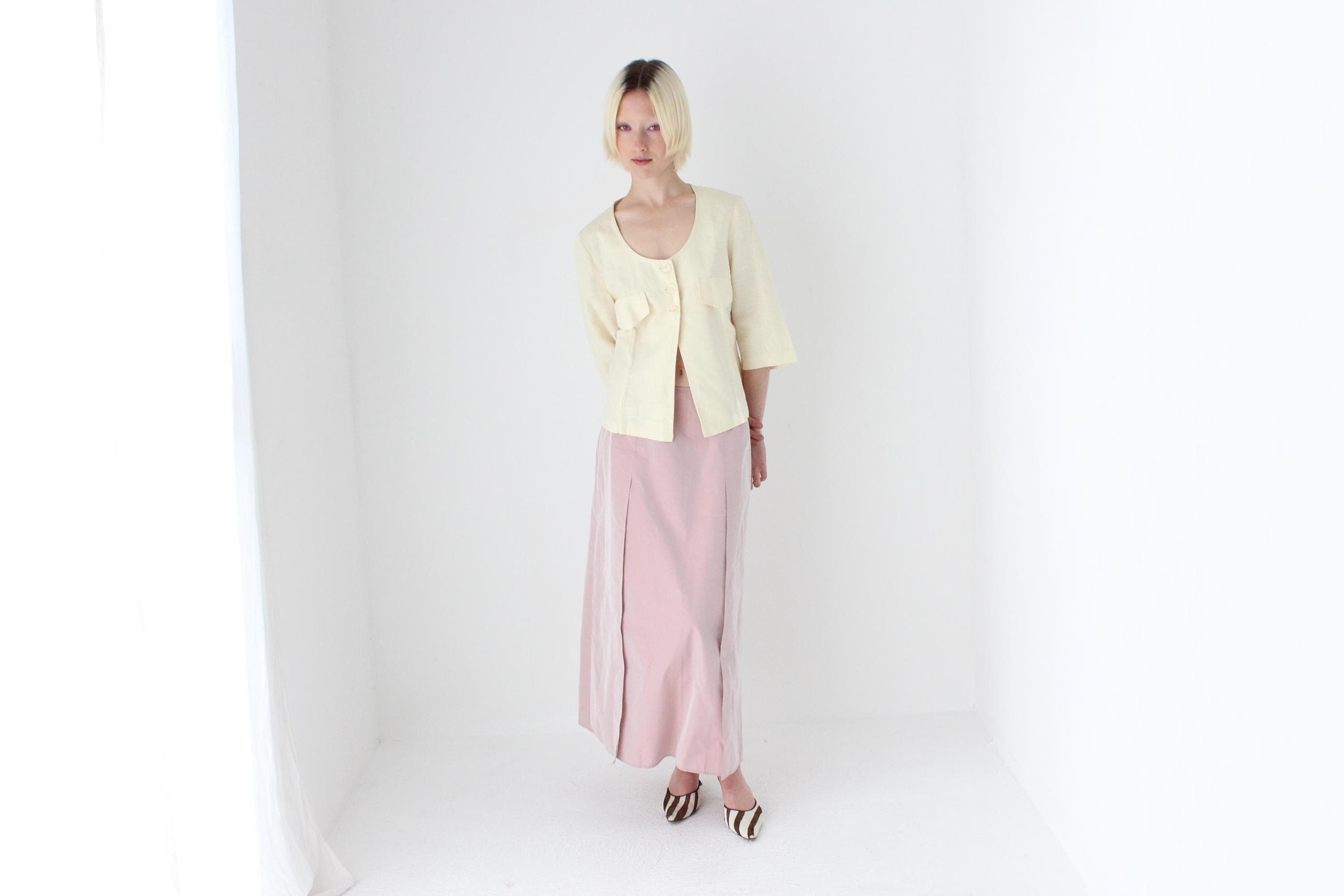 90s Pastel Pink Iridescent Taffeta A-Line Midi Skirt