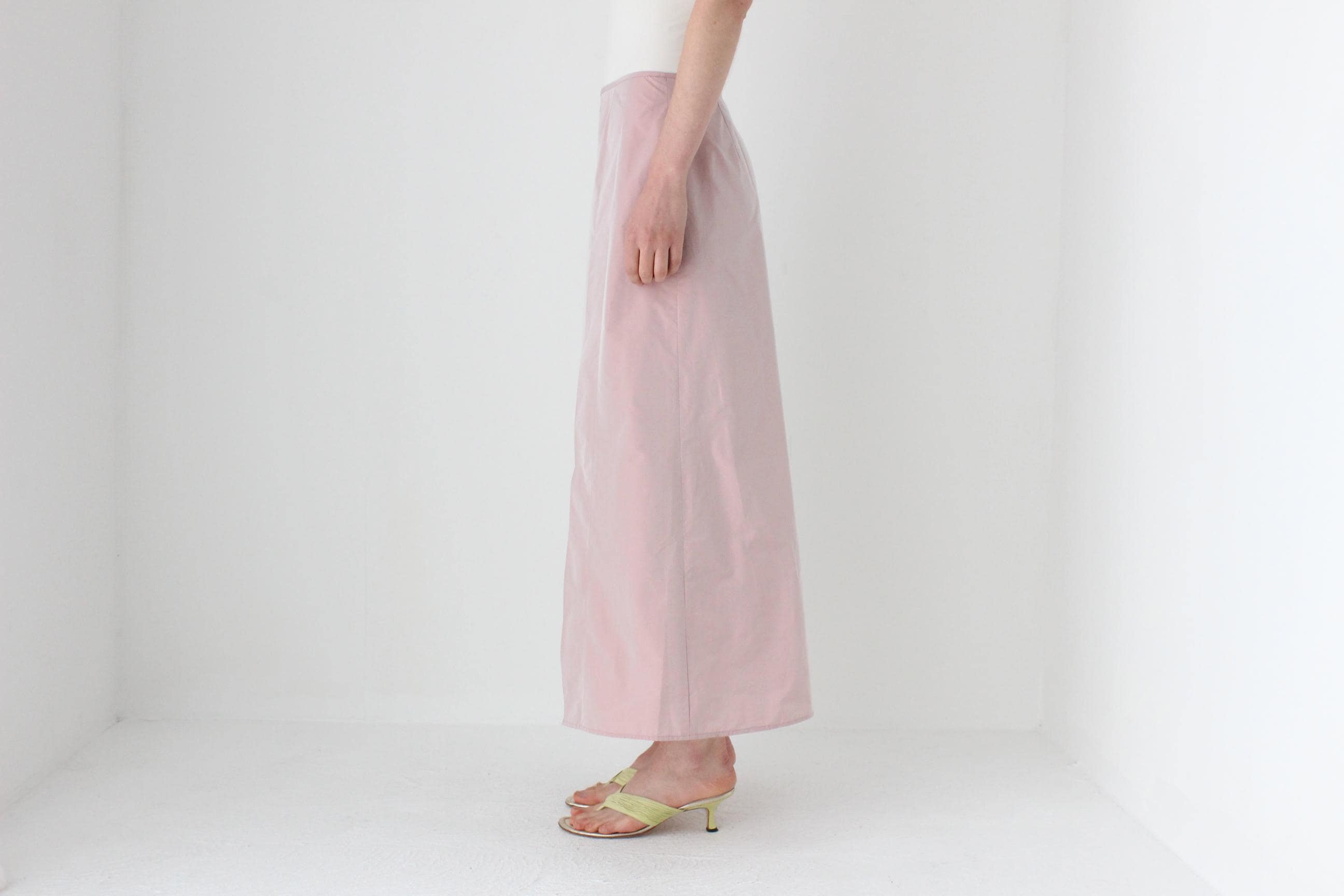 90s Pastel Pink Iridescent Taffeta A-Line Midi Skirt