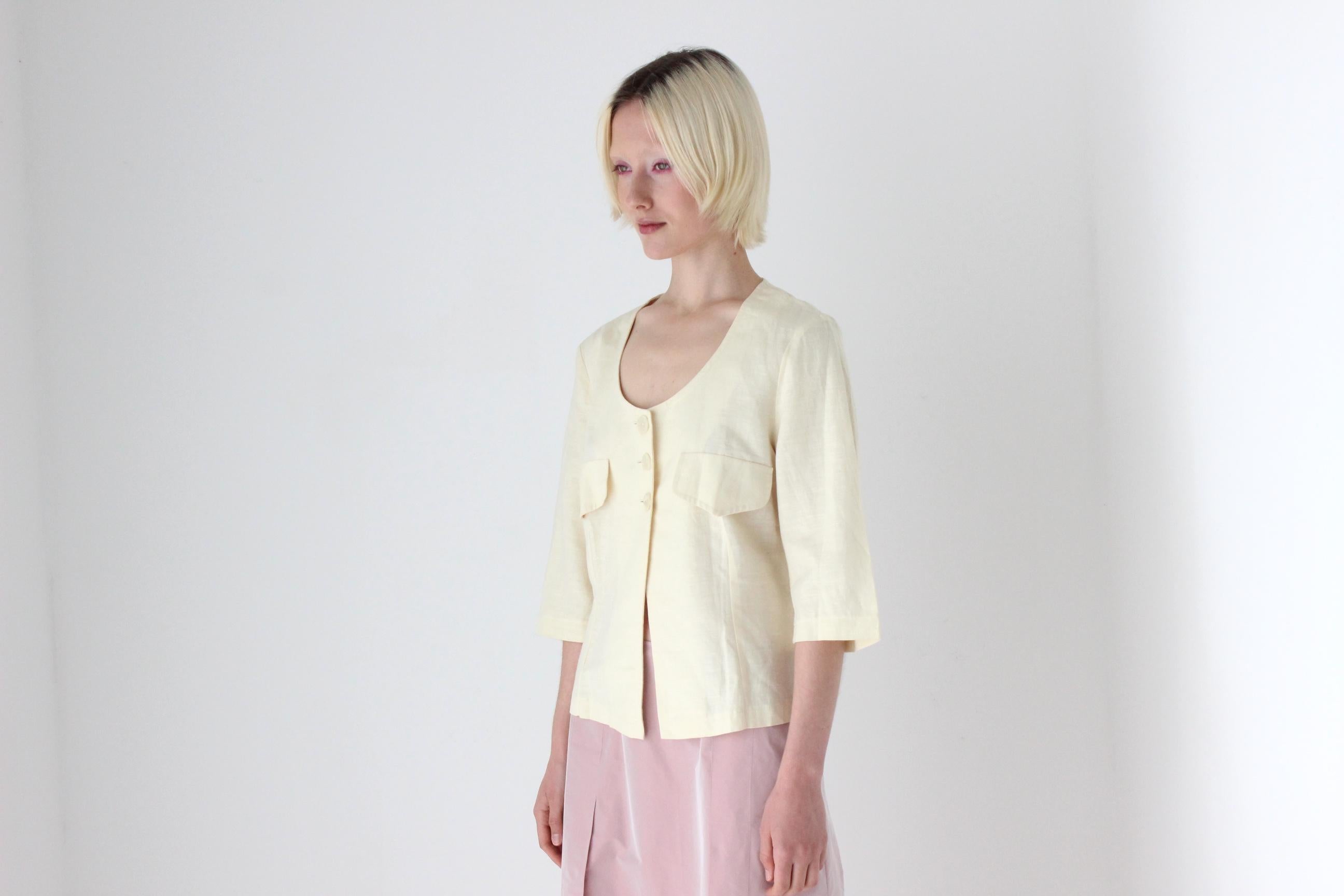 90s Pastel Lemon Italian Linen Half Sleeve Cropped Blouse