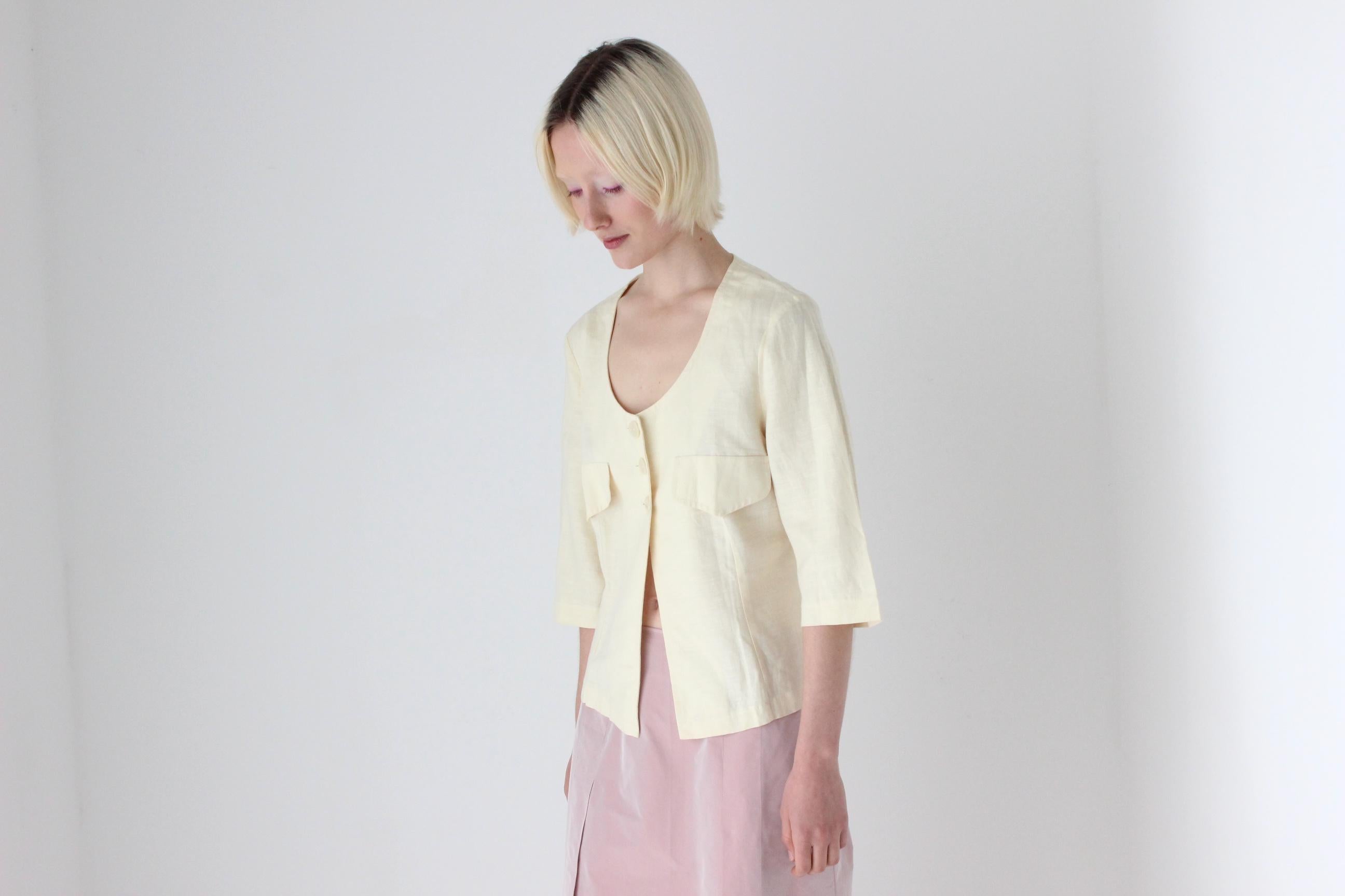90s Pastel Lemon Italian Linen Half Sleeve Cropped Blouse