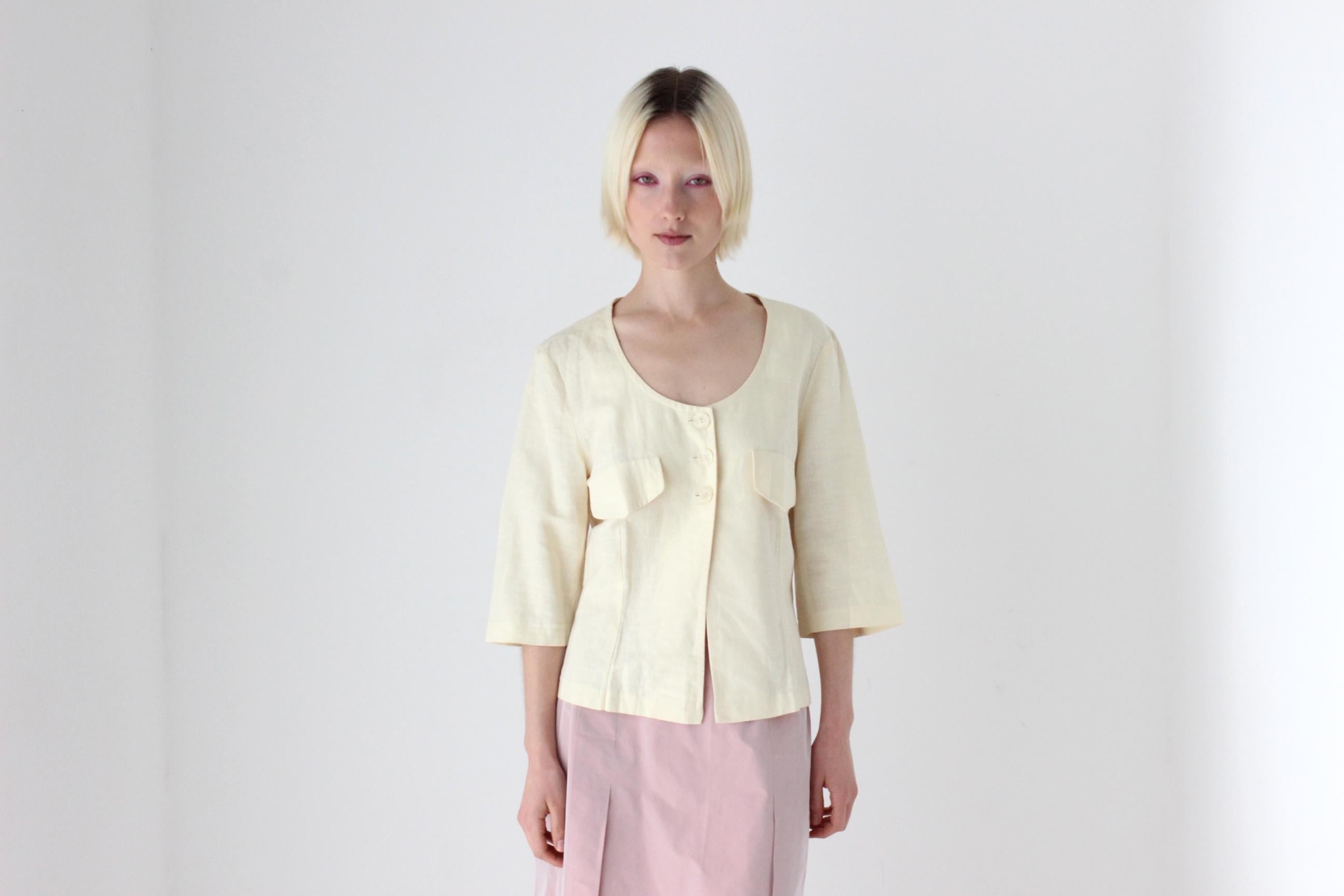 90s Pastel Lemon Italian Linen Half Sleeve Cropped Blouse
