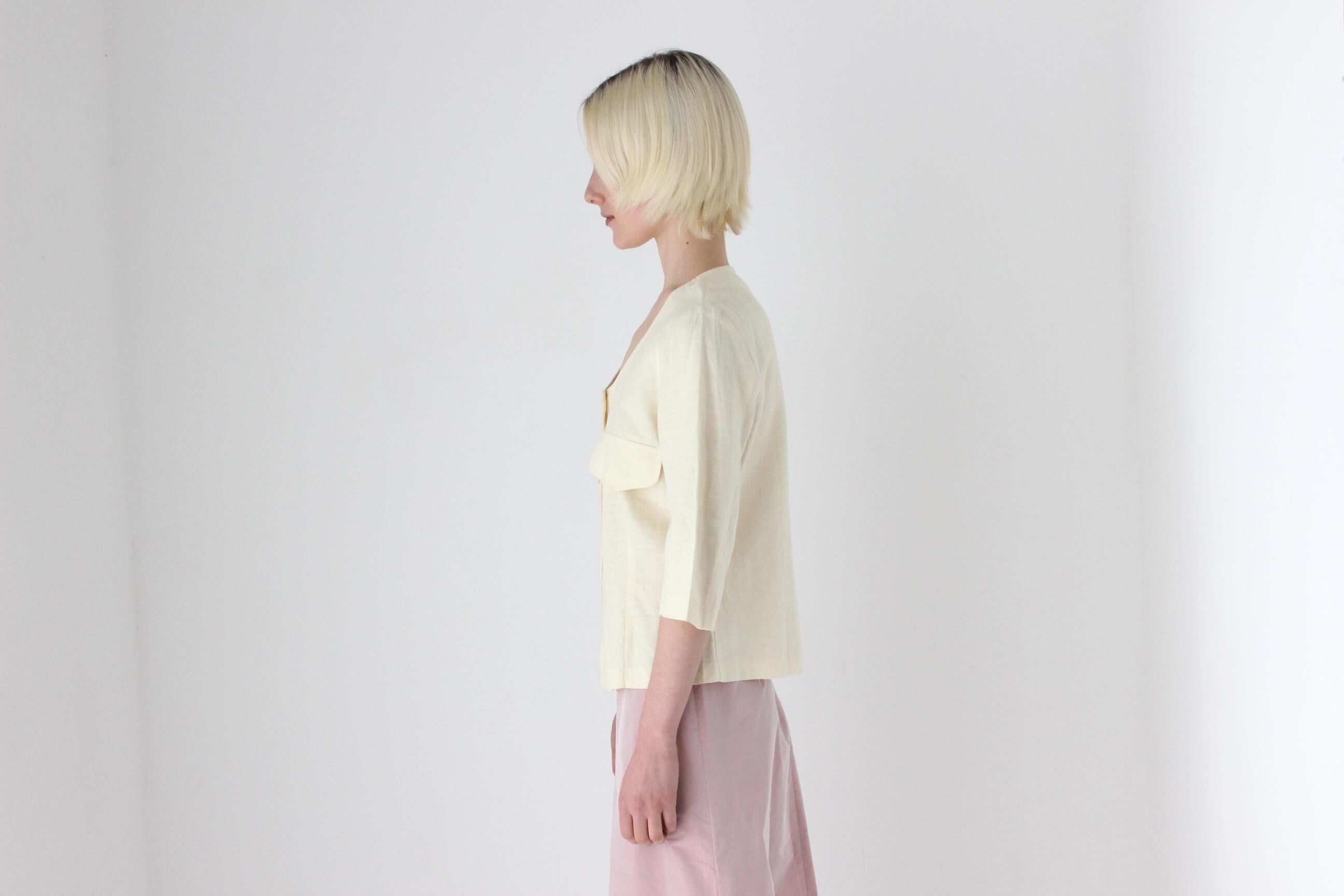 90s Pastel Lemon Italian Linen Half Sleeve Cropped Blouse