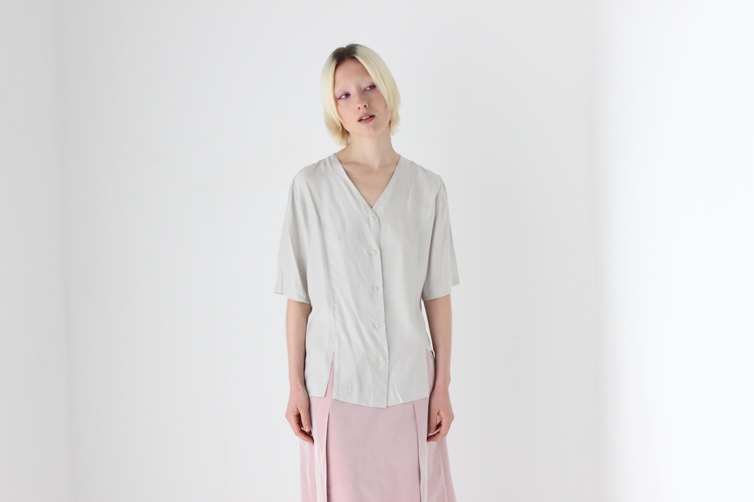 80s PURE SILK Dove Grey Button Up