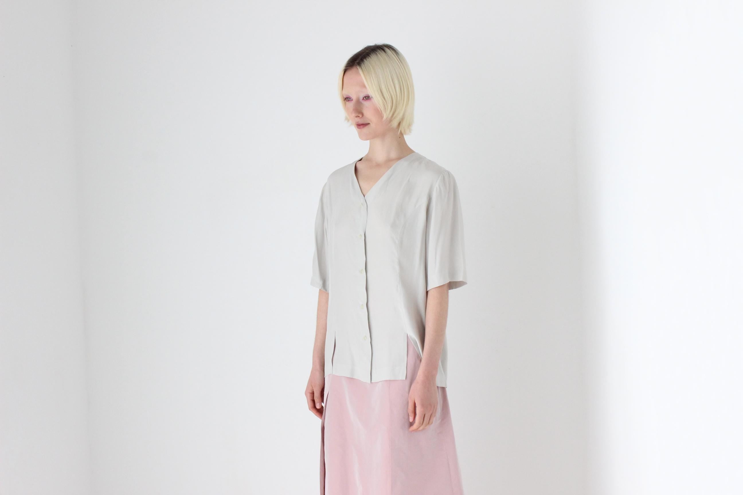 80s PURE SILK Dove Grey Button Up