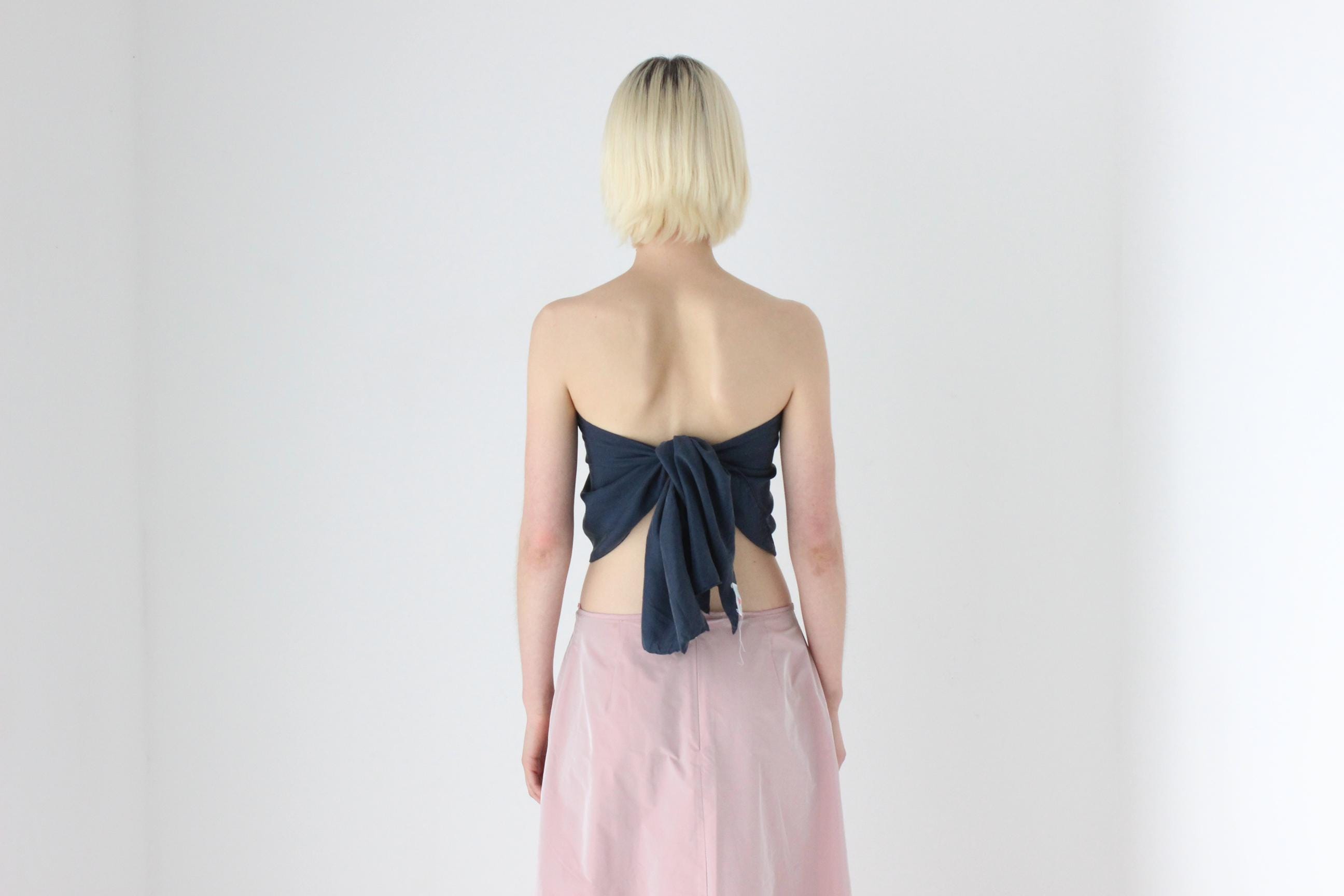 90s Navy Silk Long Runner Scarf Bandeau / Tie Up Top