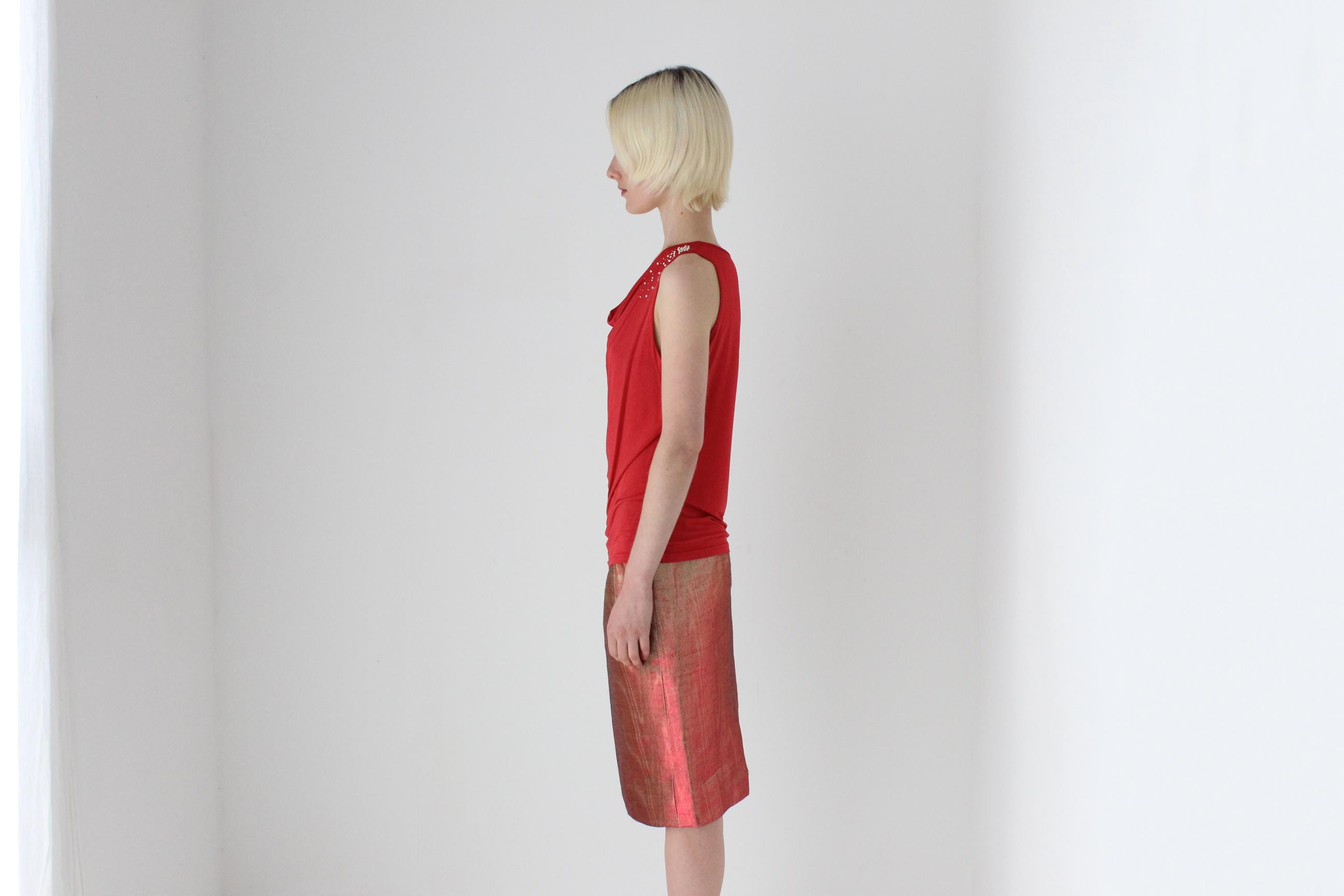 80s Italian Metallic Red & Gold Lamé Disco Skirt