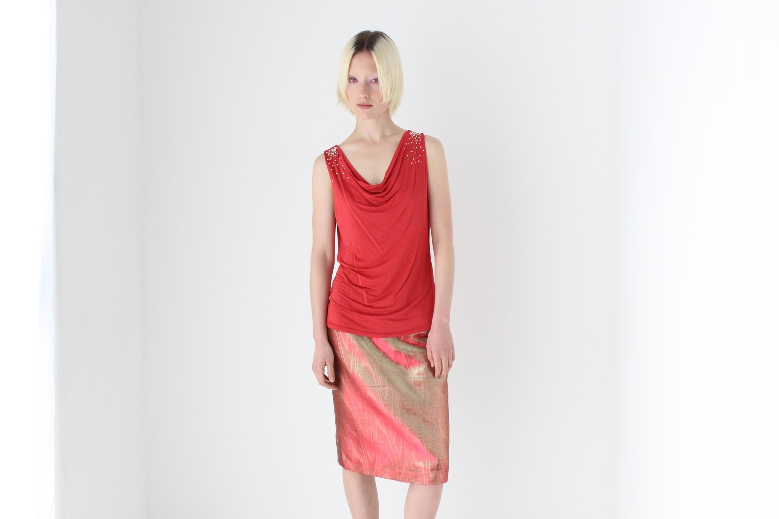 80s Italian Metallic Red & Gold Lamé Disco Skirt