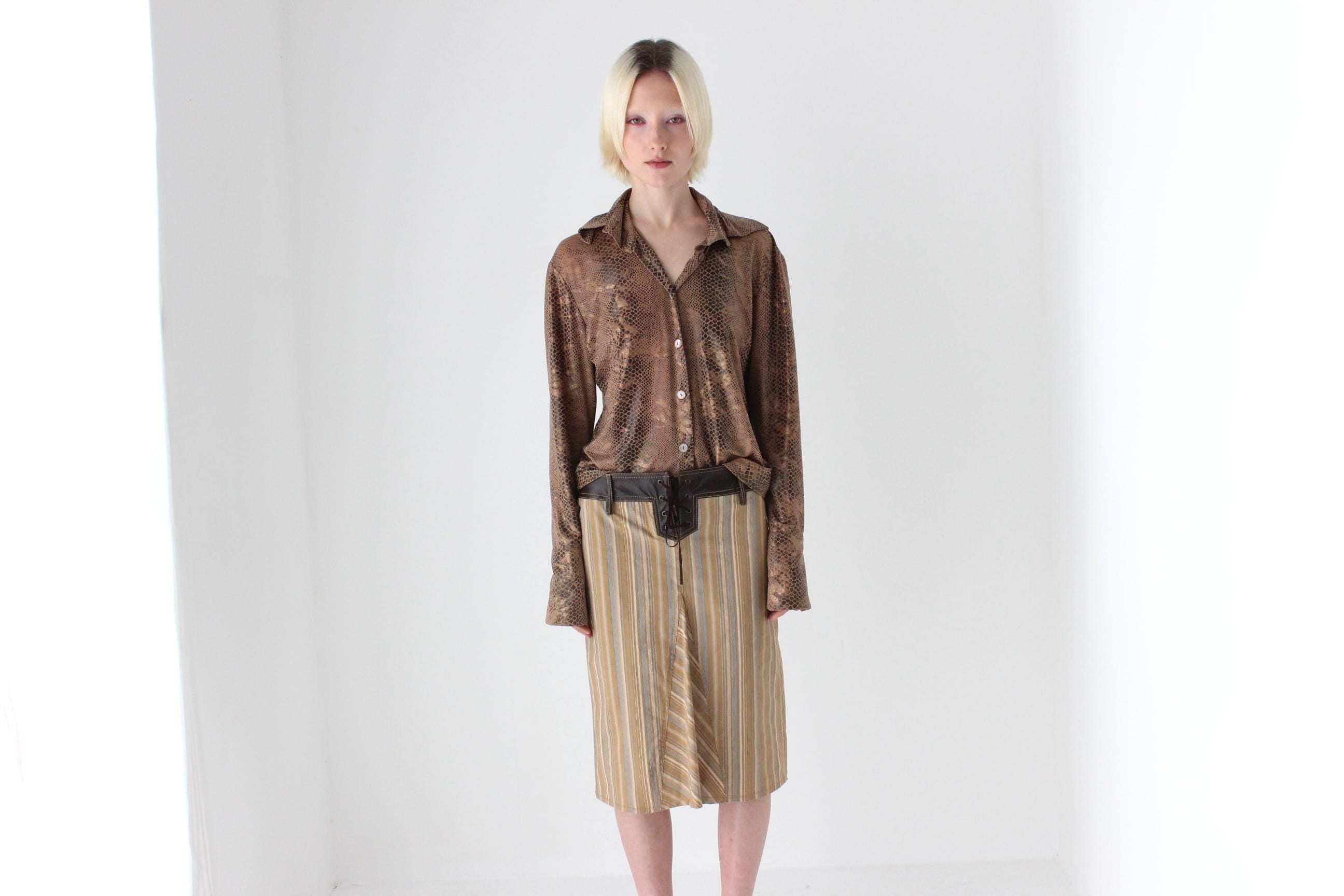 Y2K Caramel Stripe & Vinyl Trim Fitted Knee Length Skirt