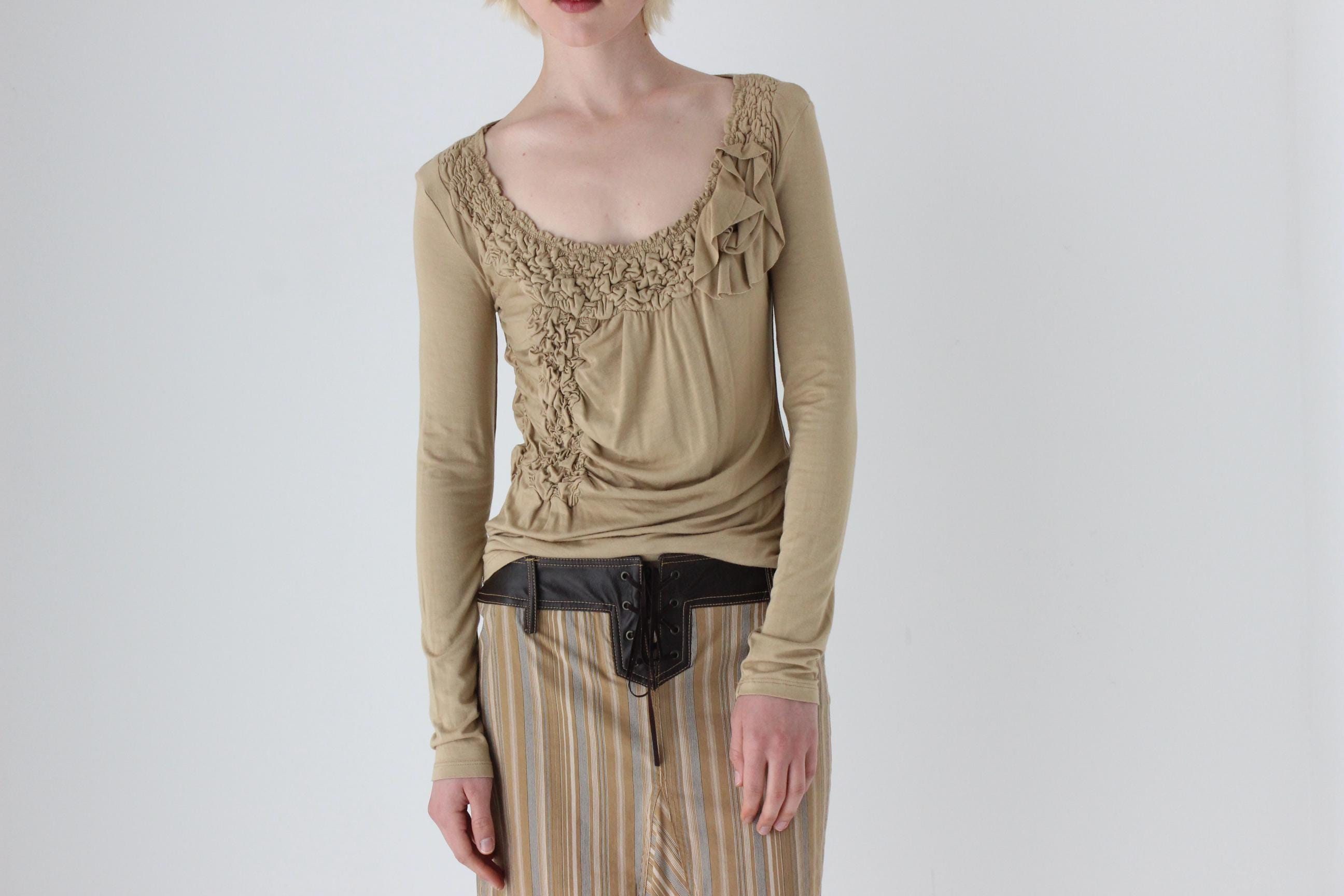 Y2K Textural Smocked Jersey Top w/ 3D Rosette