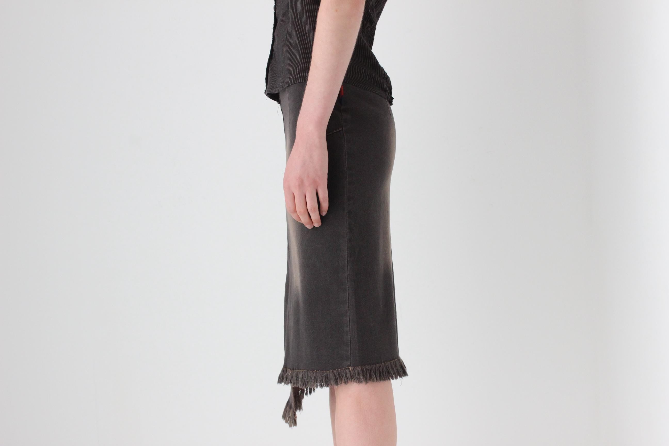 Y2K Dark Chocolate Denim Skirt w/ Fading & Fraying