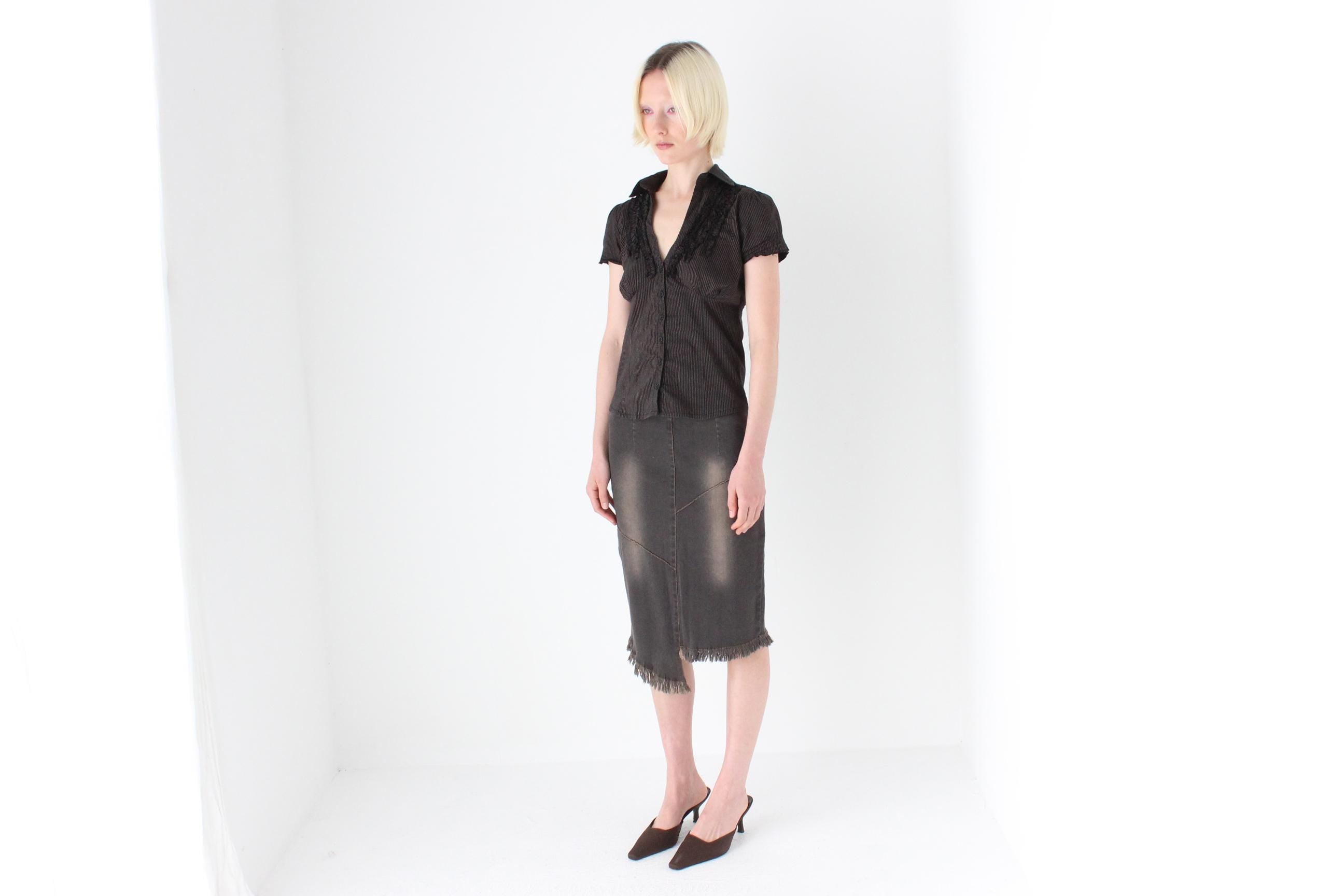 Y2K Dark Chocolate Denim Skirt w/ Fading & Fraying